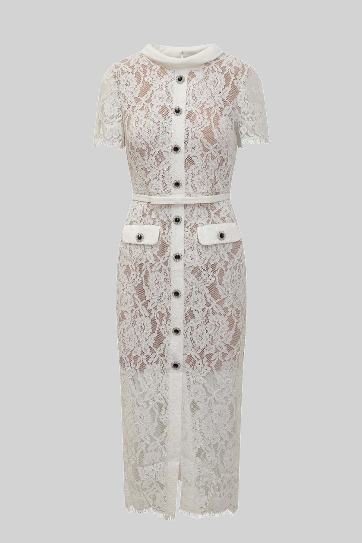 Short Sleeve High Collar Lace Dress with Matching Belt – White – view 2