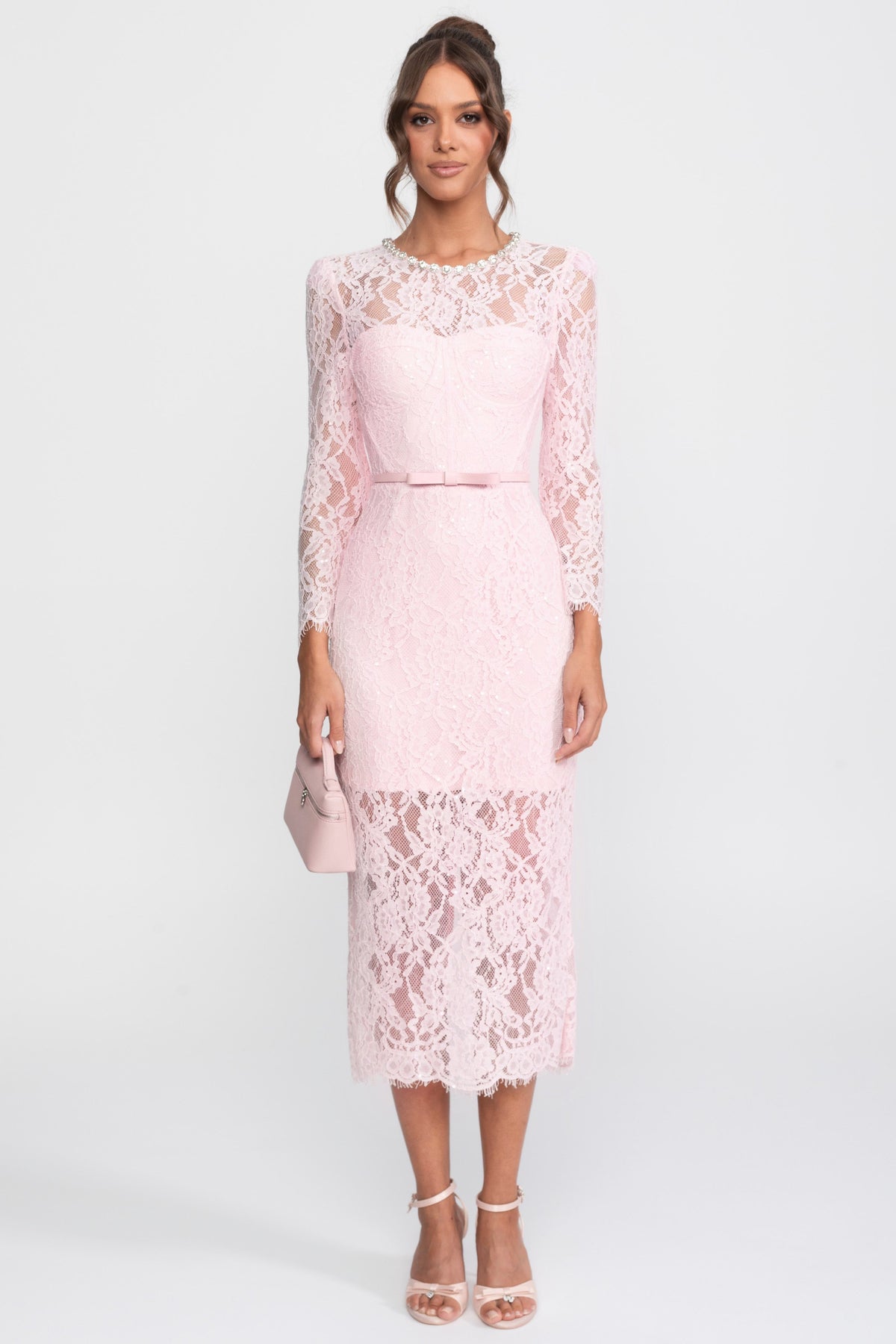 Lace Long Sleeve Midi Dress with Crystal Neckline and Matching Belt – Pink – view 1