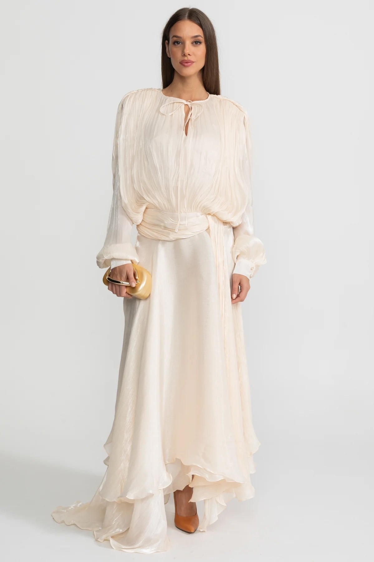 Pleated Bodice Tie Neck Maxi Dress with Draped Skirt – Ivory – view 1