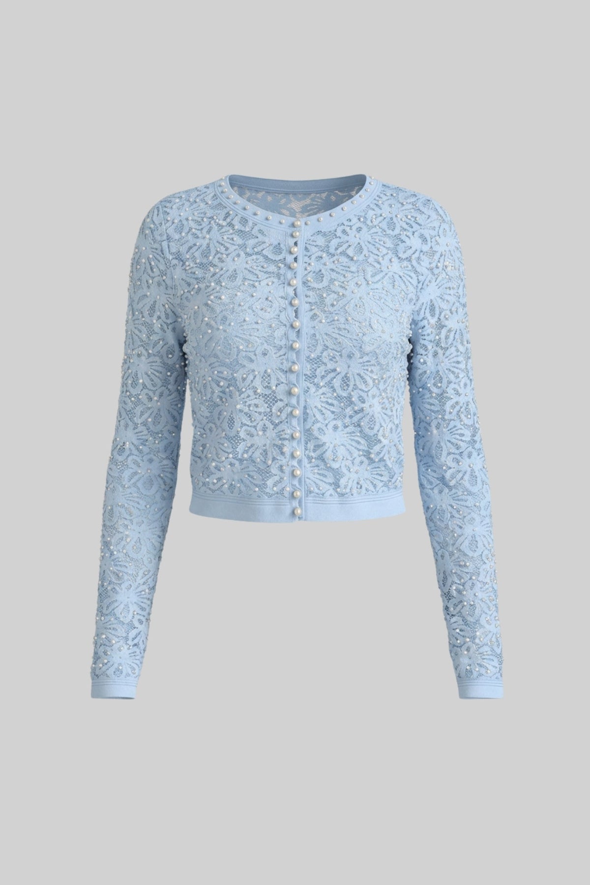 Beaded Lace Long Sleeve Cardigan with Pearl Buttons – Blue – view 5