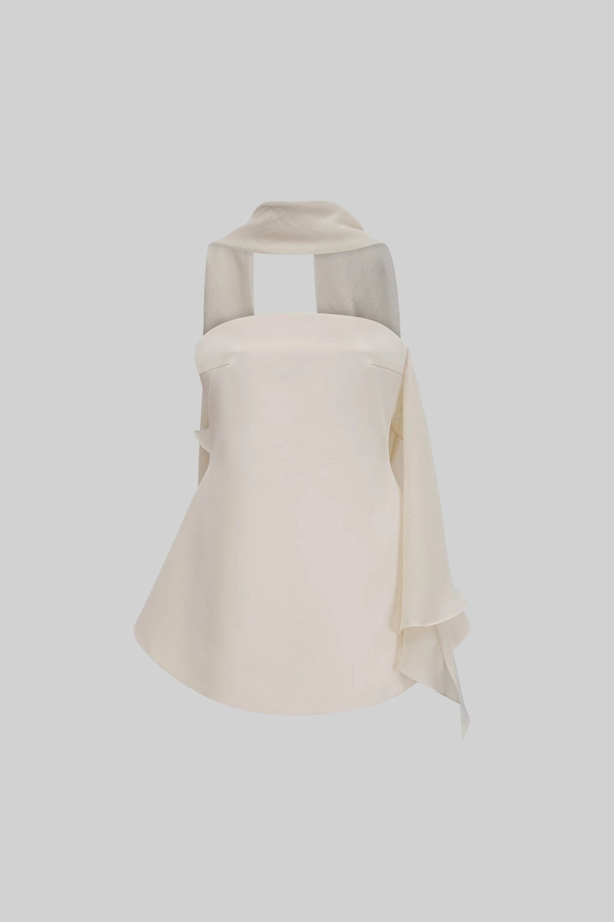 Strapless Fitted Mini Dress with Flared Skirt and Draping Scarf – Ivory – view 2