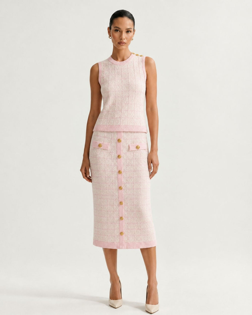 Rosy Three-Piece Plaid Knit Skirt Set with Long Sleeves