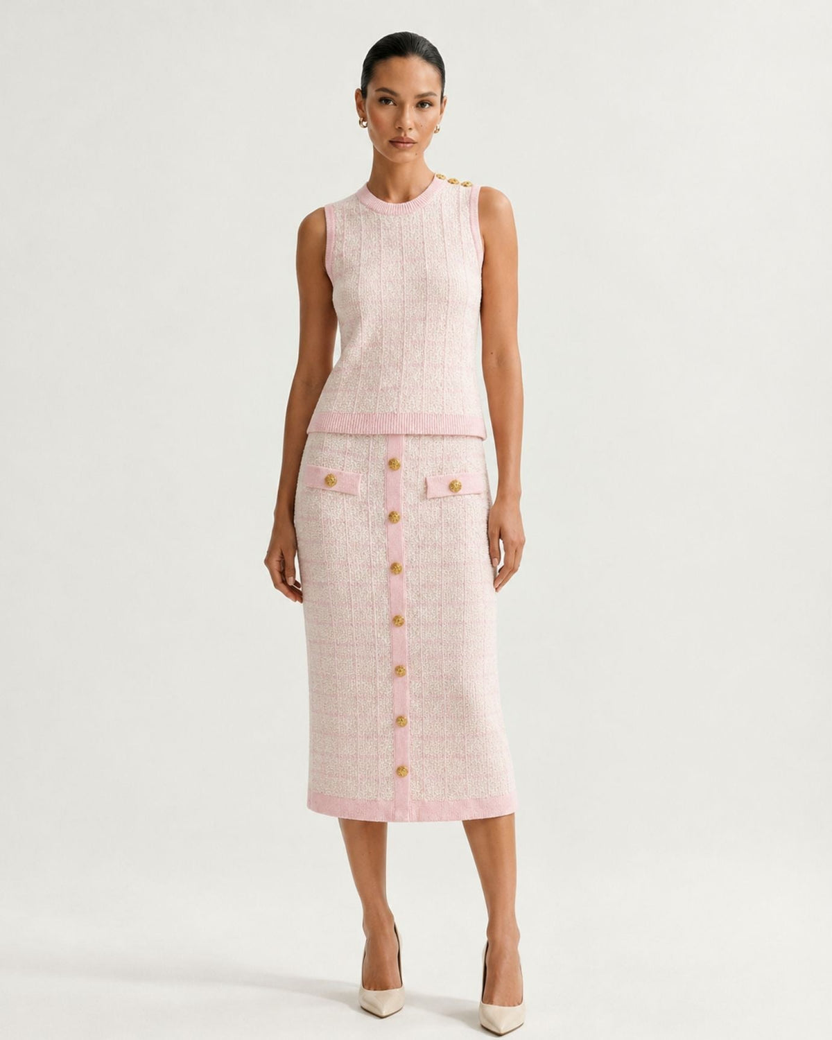 Rosy Three-Piece Plaid Knit Skirt Set with Long Sleeves – view 2
