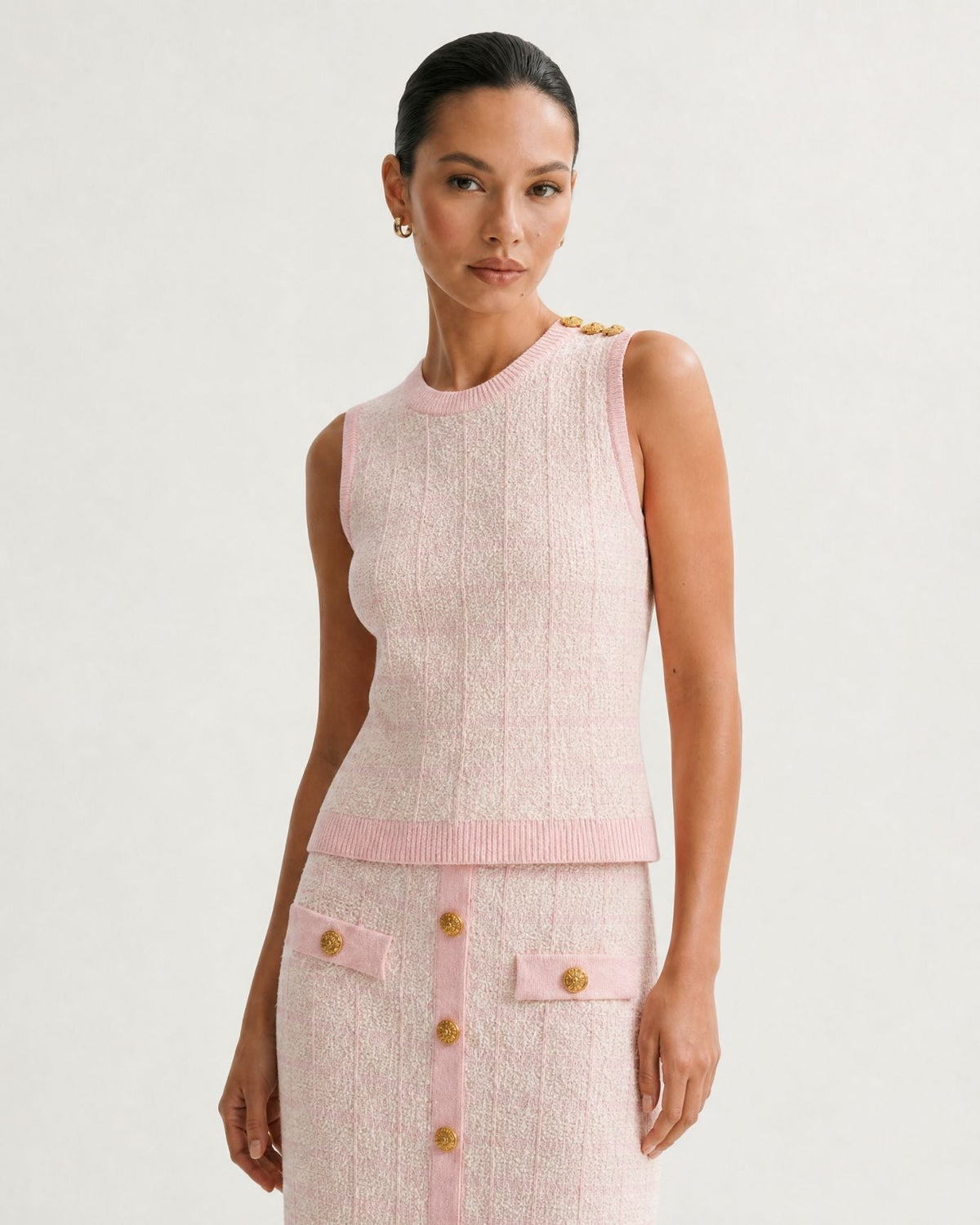 Rosy Three-Piece Plaid Knit Skirt Set with Long Sleeves – view 3