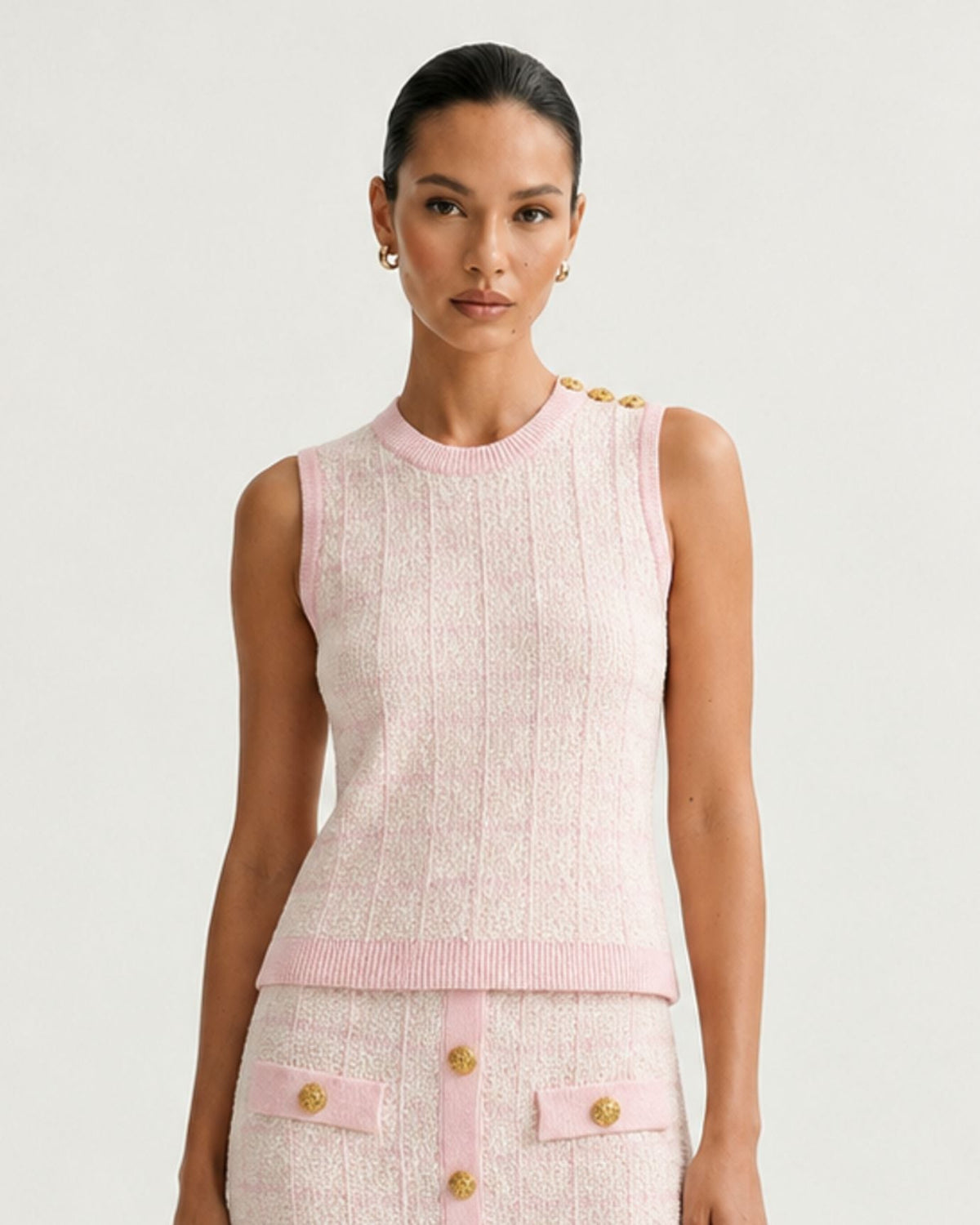 Rosy Three-Piece Plaid Knit Skirt Set with Long Sleeves – view 4
