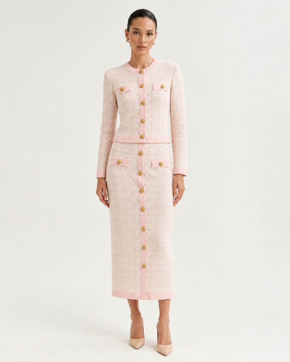 Rosy Three-Piece Plaid Knit Skirt Set with Long Sleeves – view 5