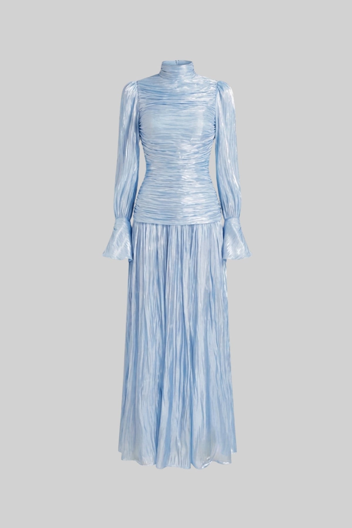 Ruched Mock Neck Long Sleeve Maxi Dress with Pleated Skirt – Sky Blue – view 2