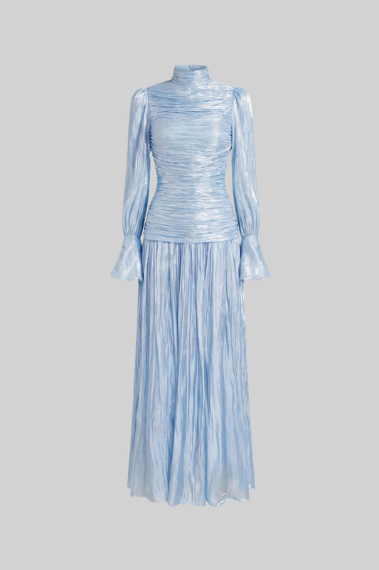 Ruched Mock Neck Long Sleeve Maxi Dress with Pleated Skirt – Sky Blue – view 2