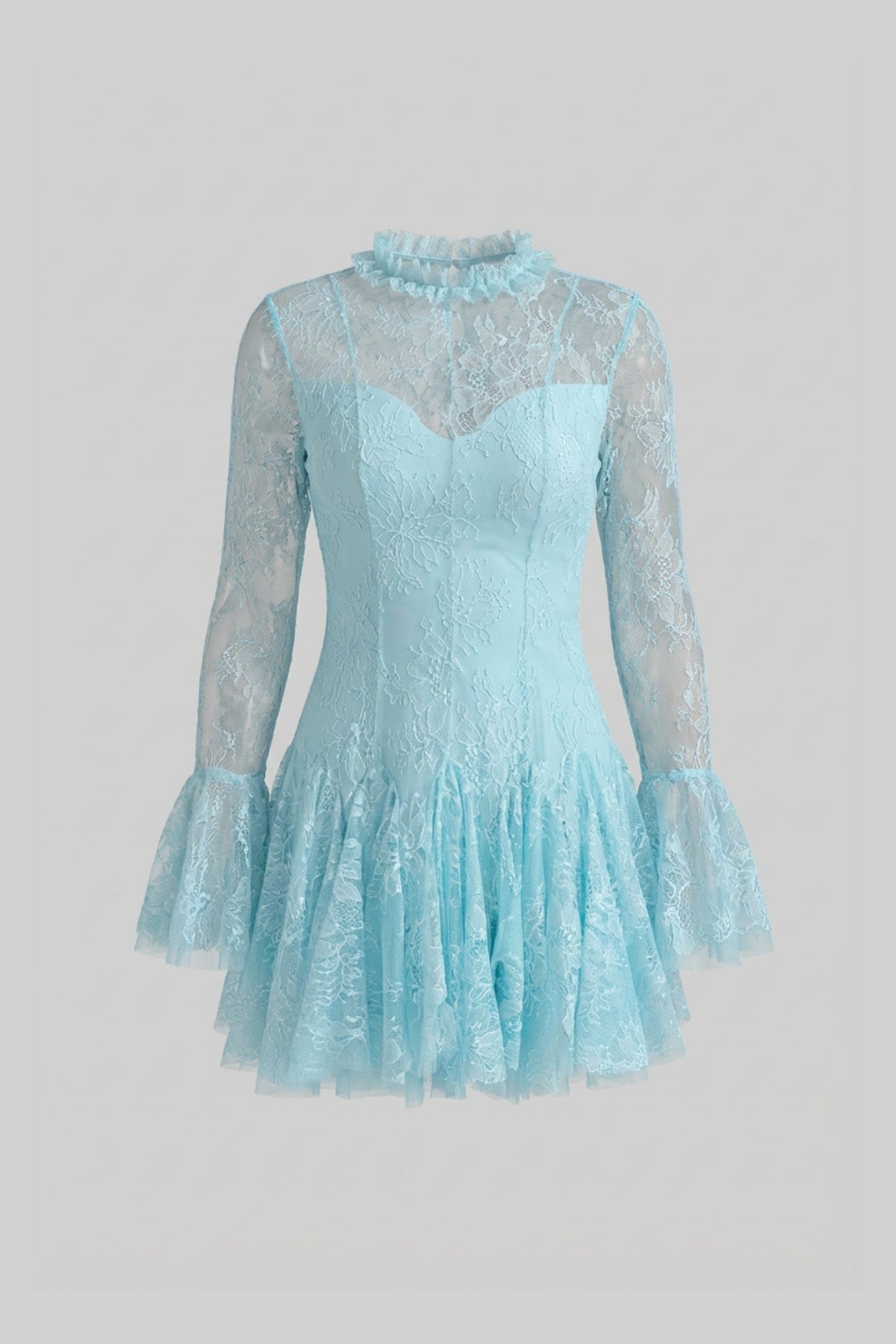Sheer Lace High Neck Long Sleeve Mini Dress with Ruffled Hem – Teal – view 2