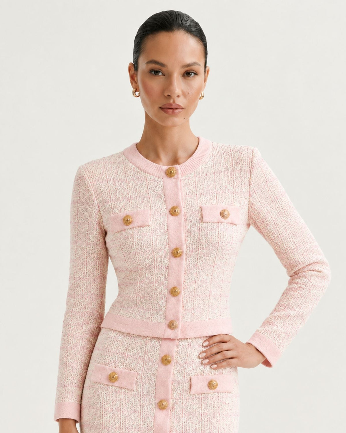 Rosy Three-Piece Plaid Knit Skirt Set with Long Sleeves – view 6
