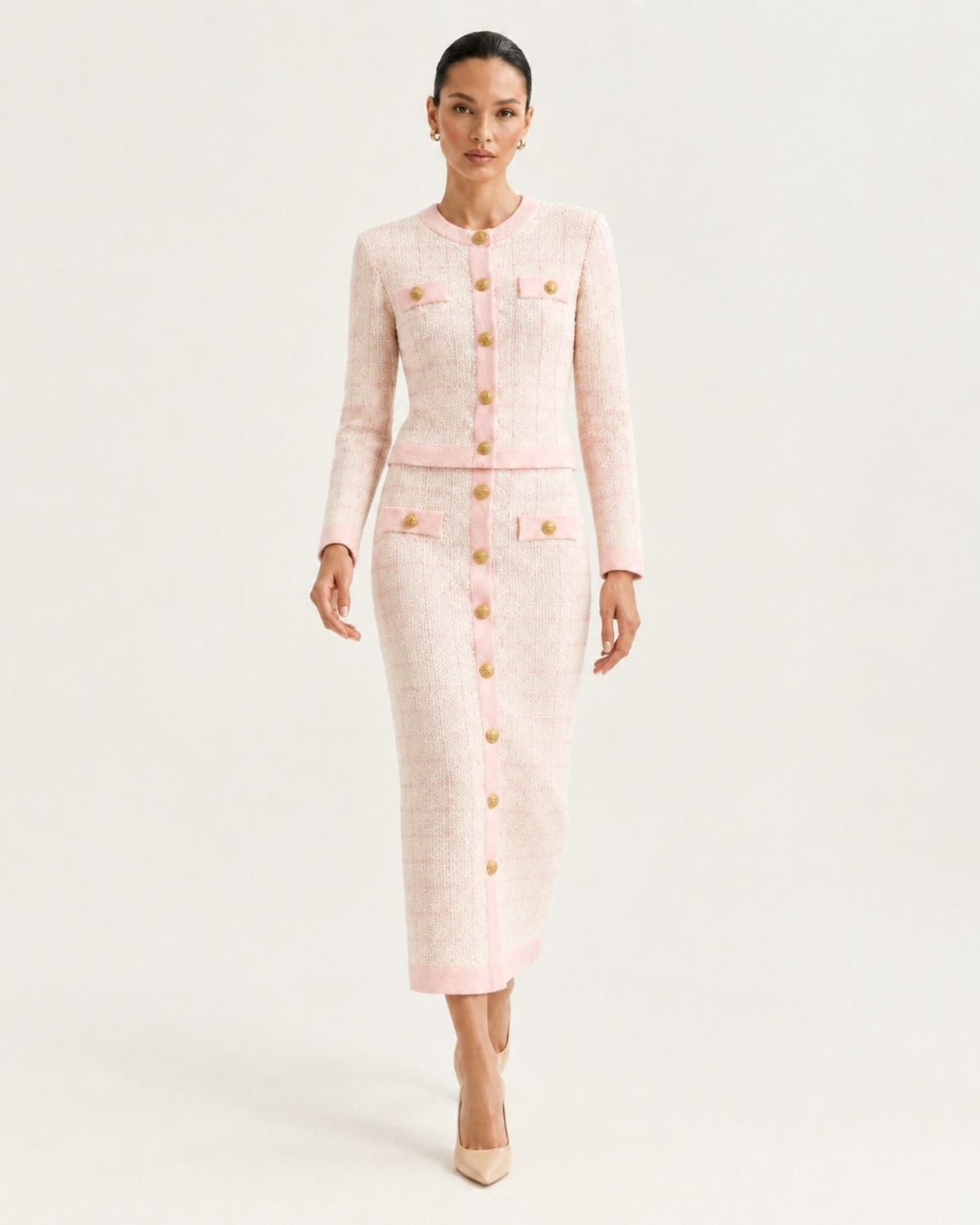 Rosy Three-Piece Plaid Knit Skirt Set with Long Sleeves – view 7