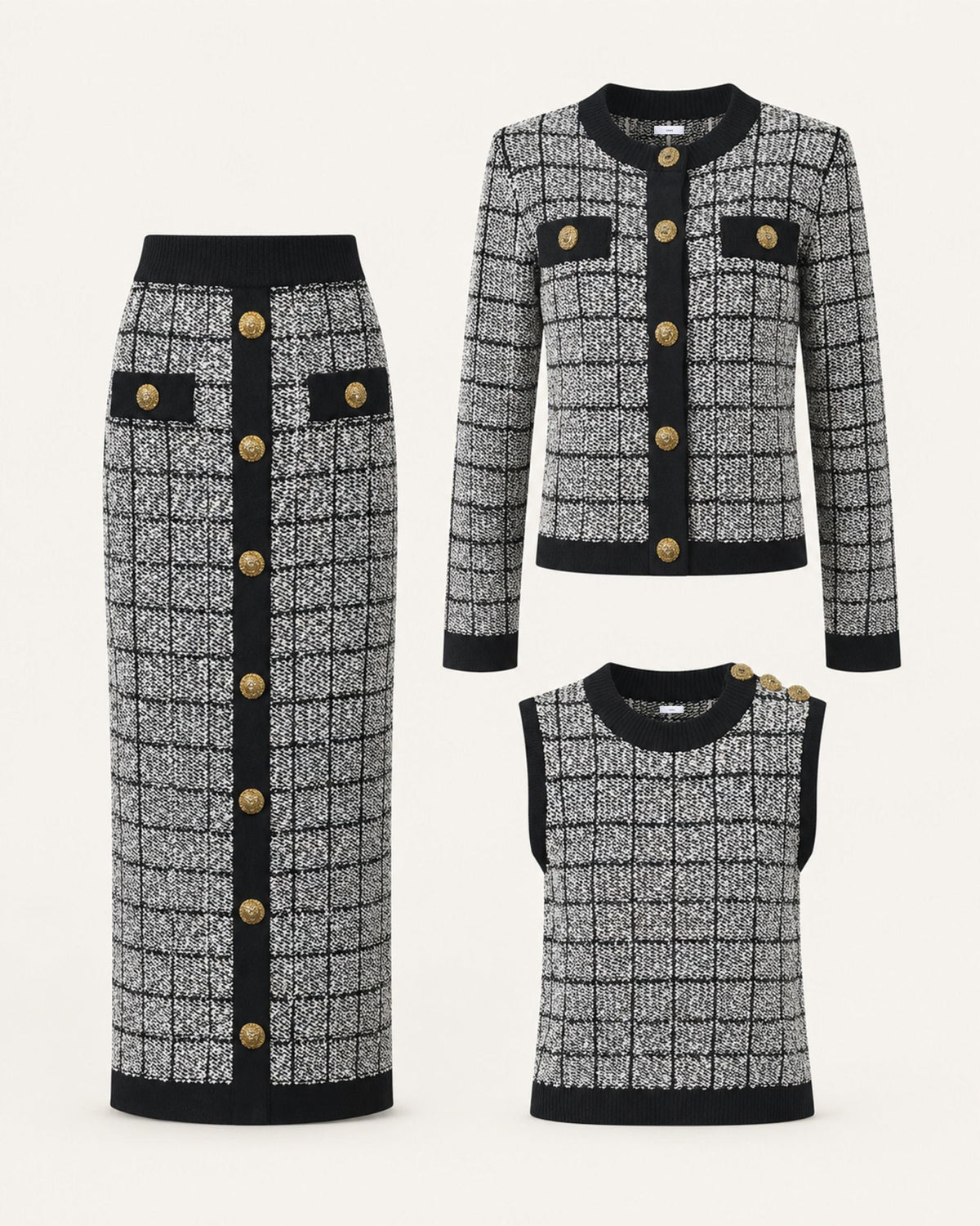 Rosy Three-Piece Plaid Knit Skirt Set with Long Sleeves – view 9