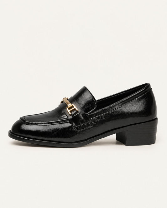 Leather Buckle Loafers with Rounded Toe and 4.5cm Block Heel