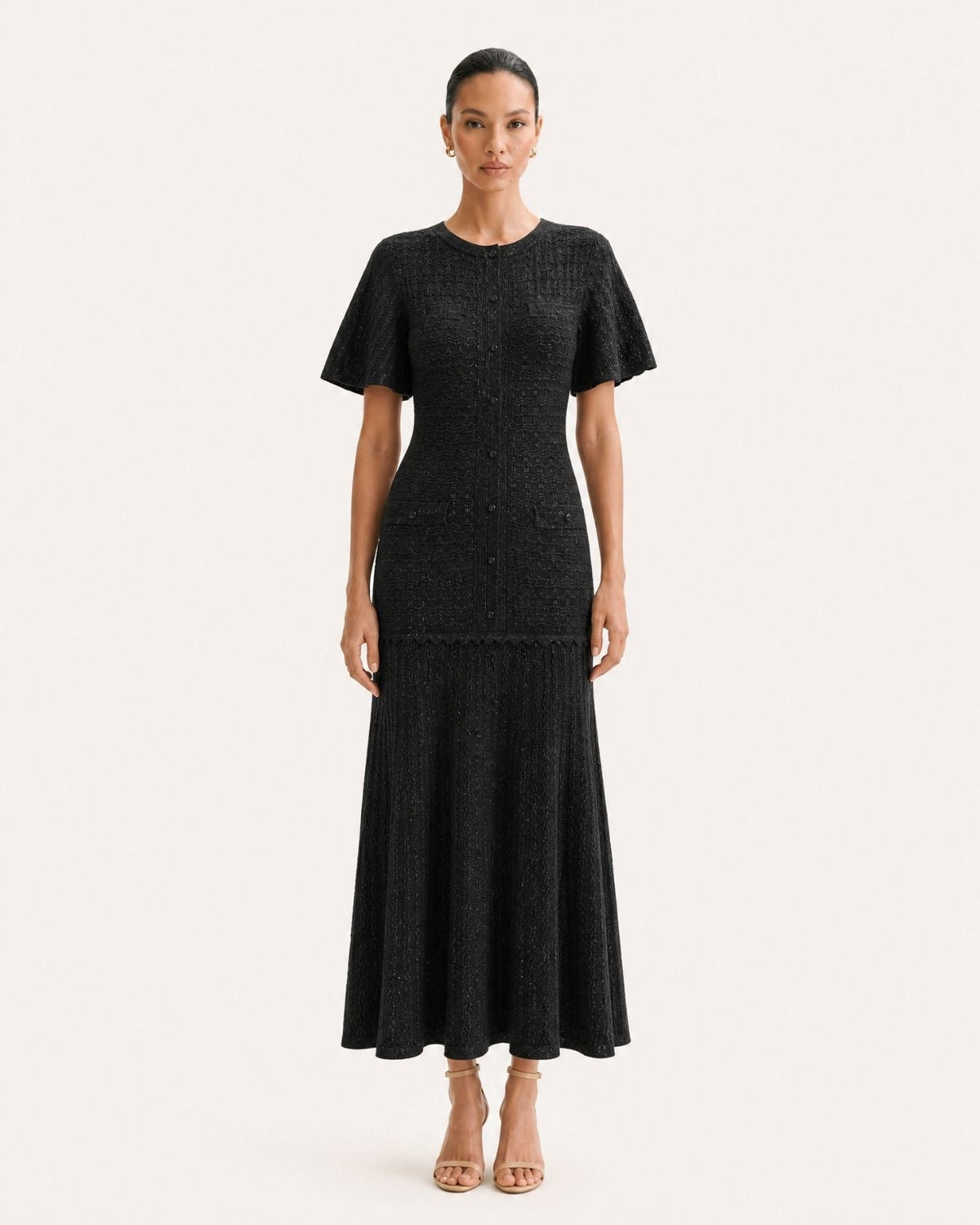 Anna Rhinestone Embellished Short Sleeve Round Neck Knit Midi Dress – view 22