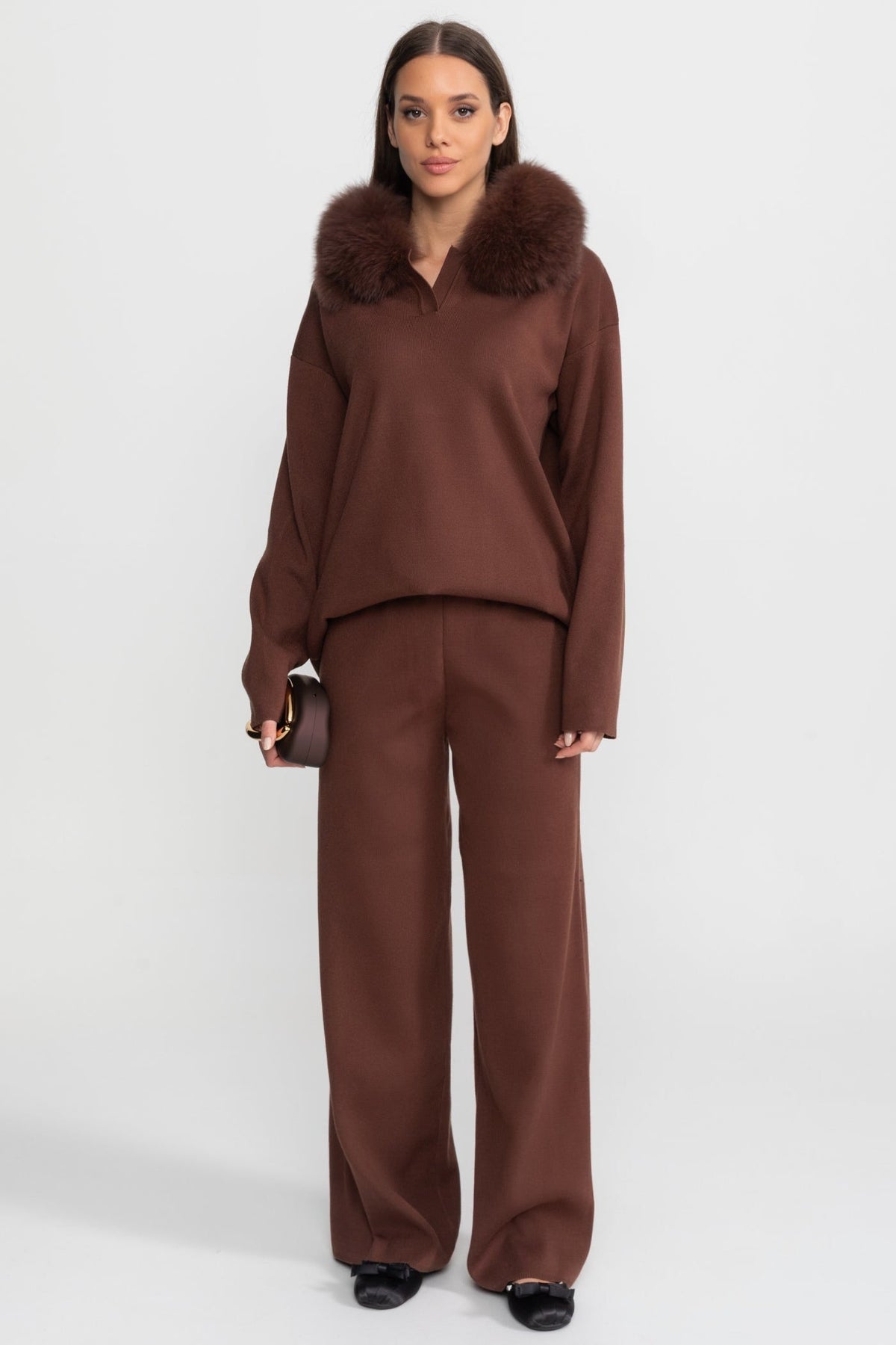 Knit Lounge Top and Straight Leg Trousers Set – Brown