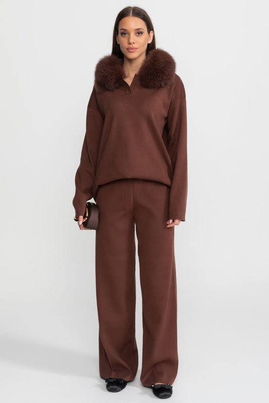 Knit Lounge Top and Straight Leg Trousers Set – Brown