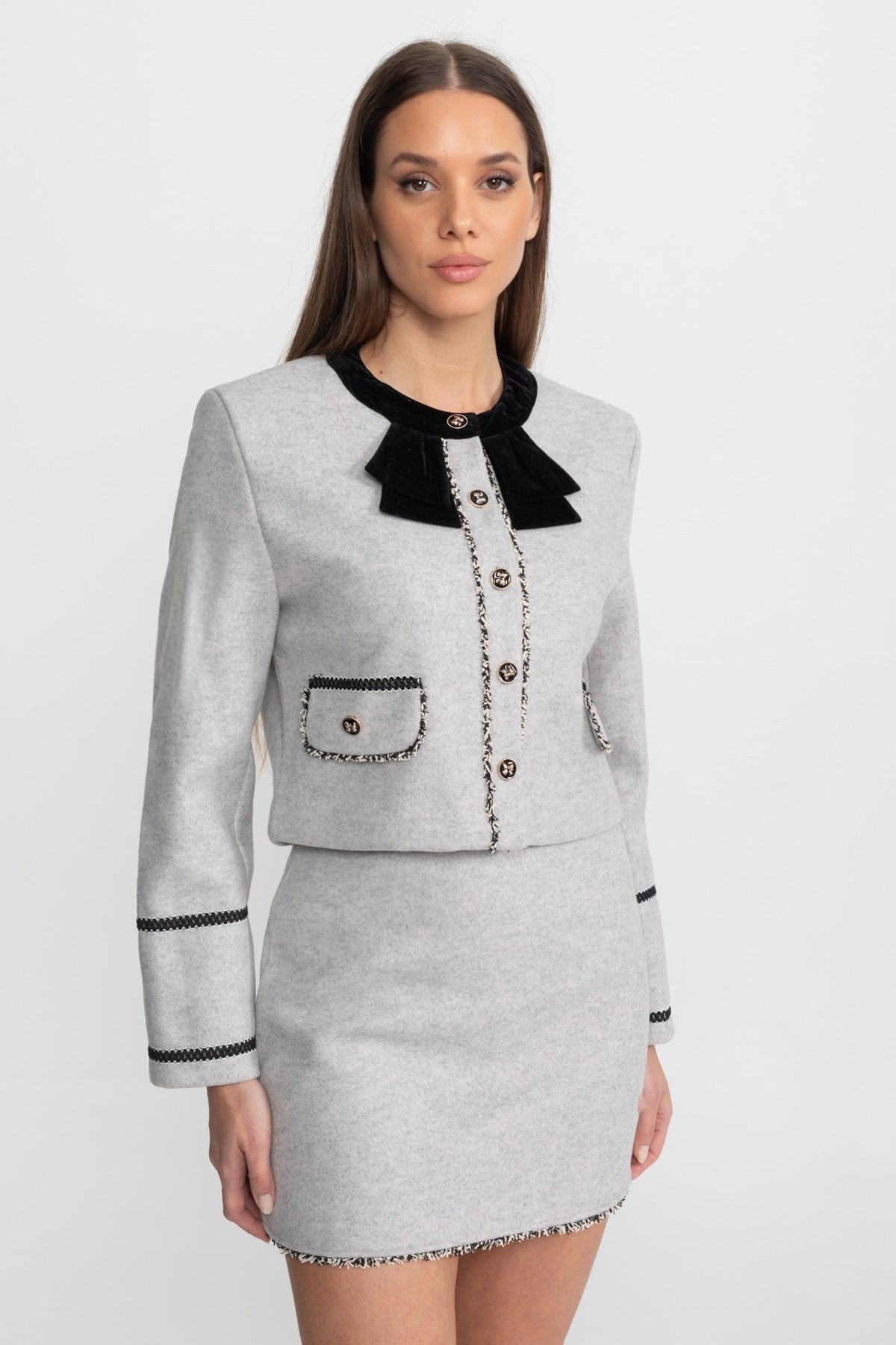 Cropped Jacket and Mini Skirt Co-ord Set with Velvet Bow Collar – Grey – view 1