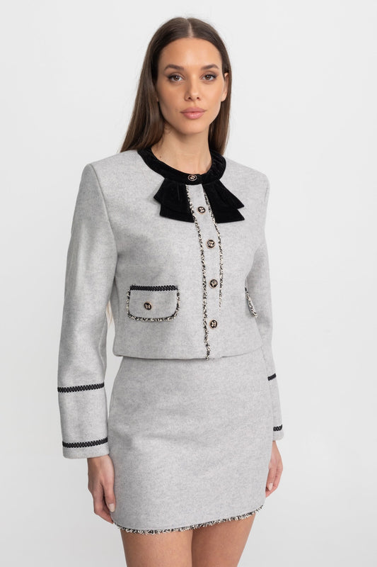 Cropped Jacket and Mini Skirt Co-ord Set with Velvet Bow Collar – Grey