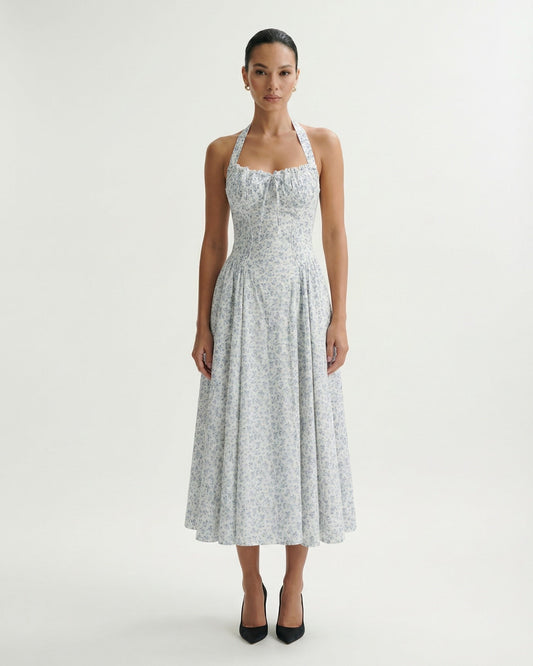 Santorini Halter Neck Contoured Stretch Dress – Small Blue Flowers on White – view 2