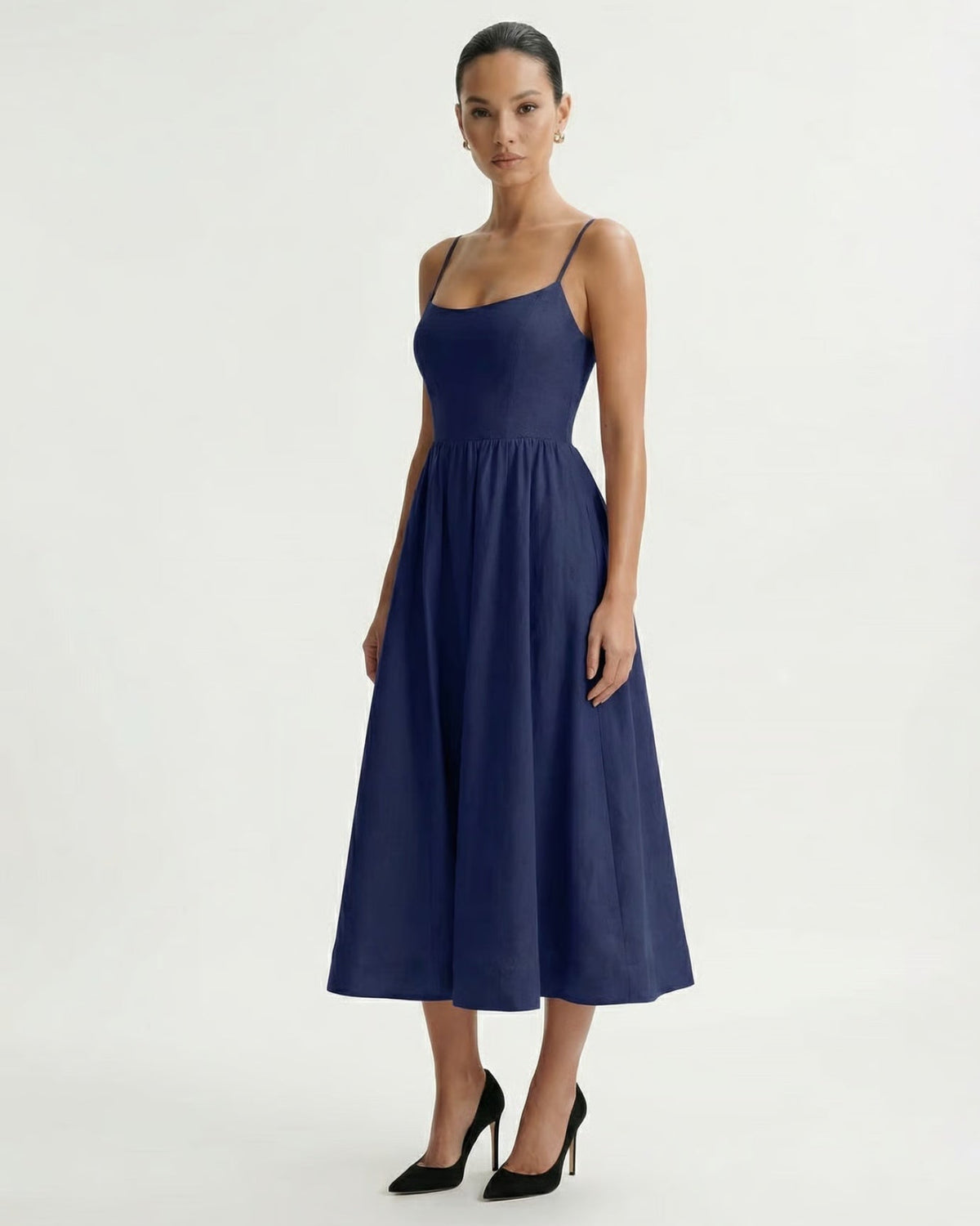Mira Border Detail Cotton Blend Dress with Back Zip – Navy Blue – view 5