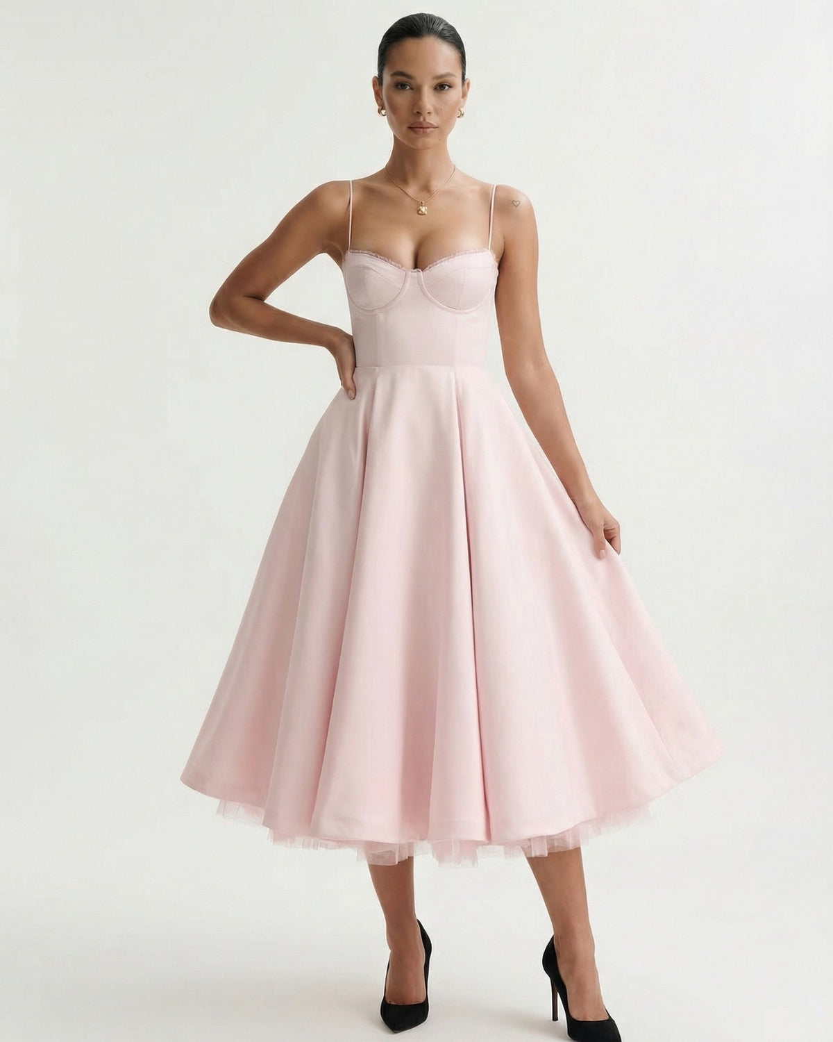 Giulia Duchess Satin Midi Dress with Tulle Underskirt – Pink – view 2