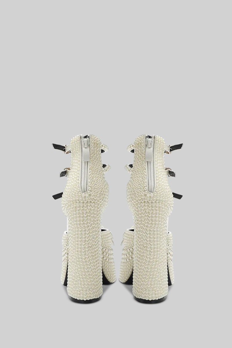Pearl Embellished Platform Pumps with Gold Ankle Straps – White – view 5