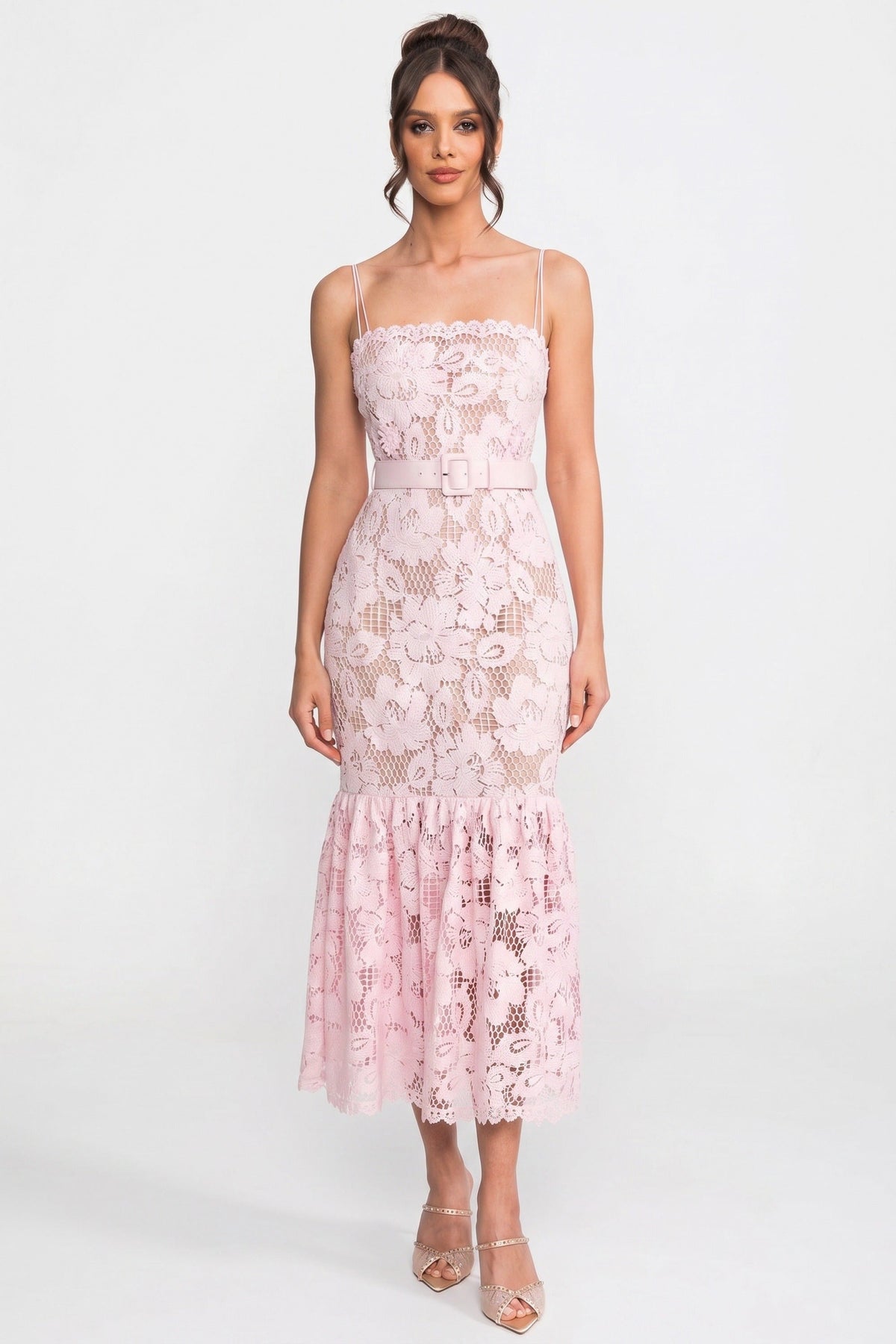 Lace Square Neck Midi Dress with Belted Waist and Flounce Hem – Pink – view 1