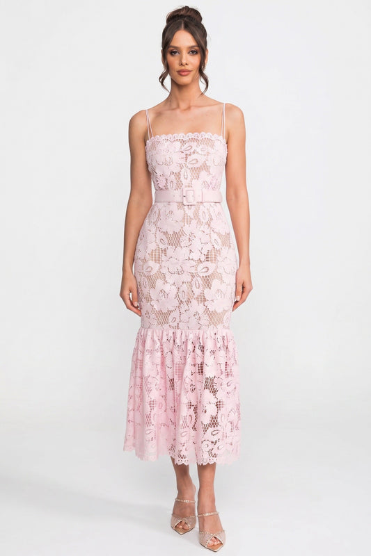 Lace Square Neck Midi Dress with Belted Waist and Flounce Hem – Pink