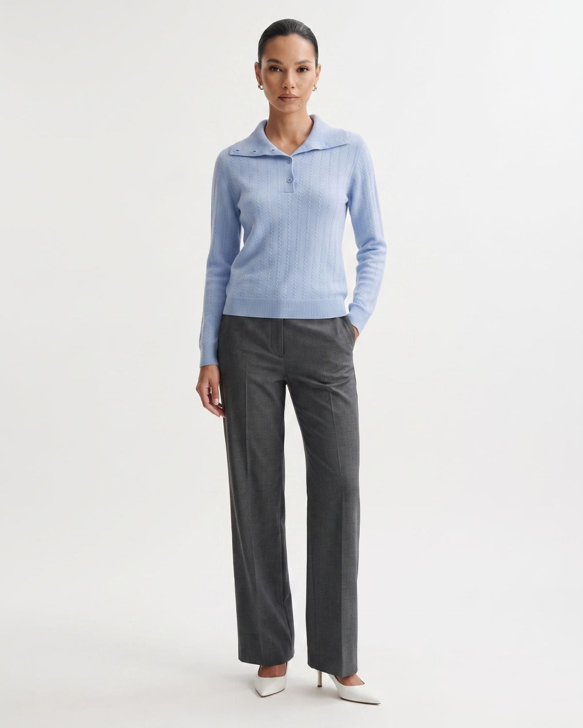 Pure Cashmere Button Polo Collar Jumper with Shaped Waist – view 8