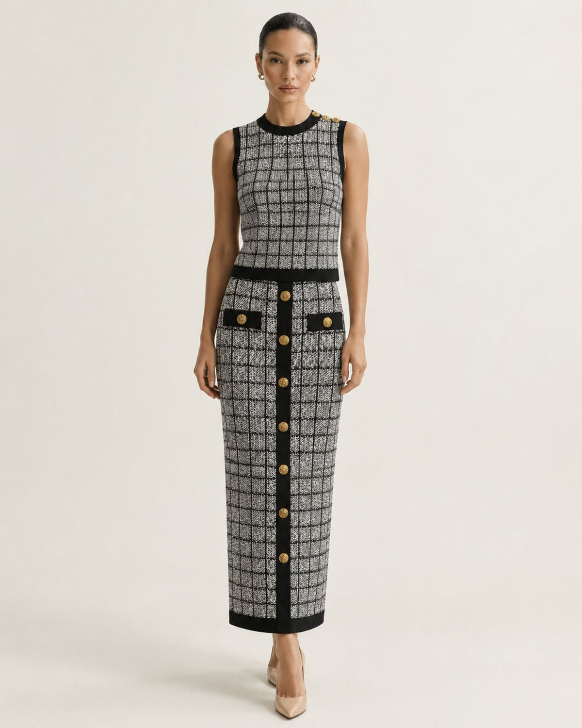 Rosy Three-Piece Plaid Knit Skirt Set with Long Sleeves – view 10