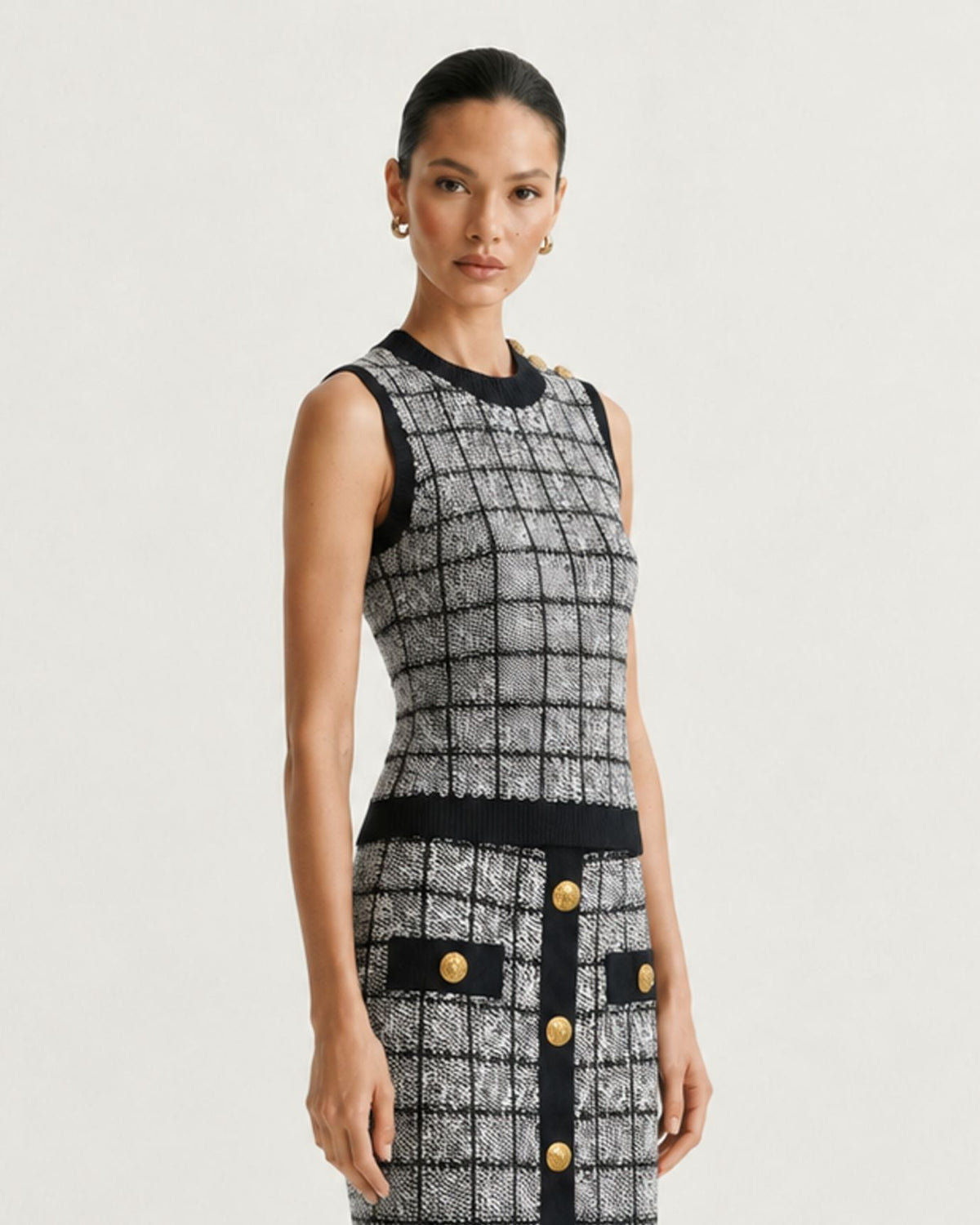 Rosy Three-Piece Plaid Knit Skirt Set with Long Sleeves – view 11