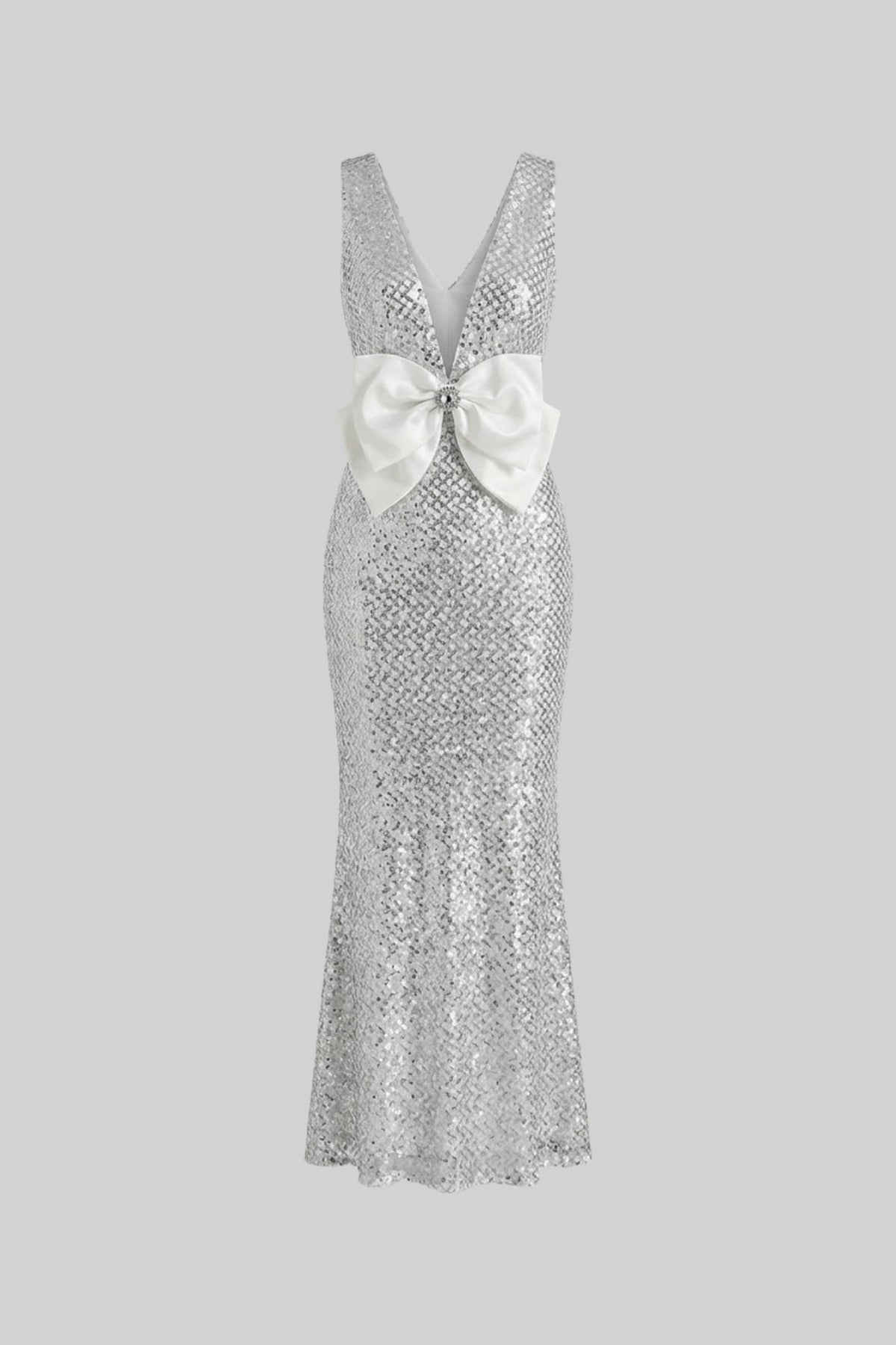 Sequin Plunge V-Neck Maxi Dress with Satin Bow Waist – Light Grey – view 2