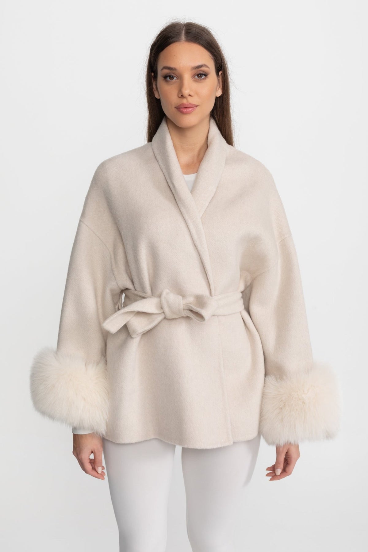 Wool Blend Wrap Jacket with Plush Cuffs – Cream