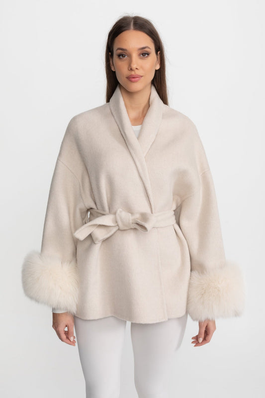 Wool Blend Wrap Jacket with Plush Cuffs – Cream