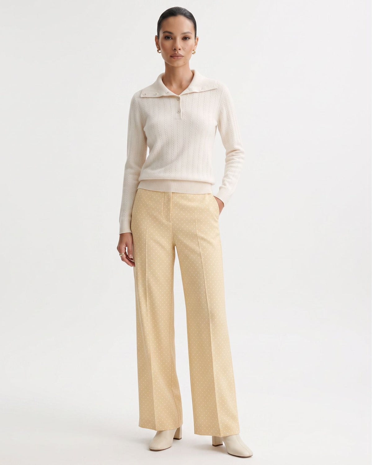 Pure Cashmere Button Polo Collar Jumper with Shaped Waist – view 11