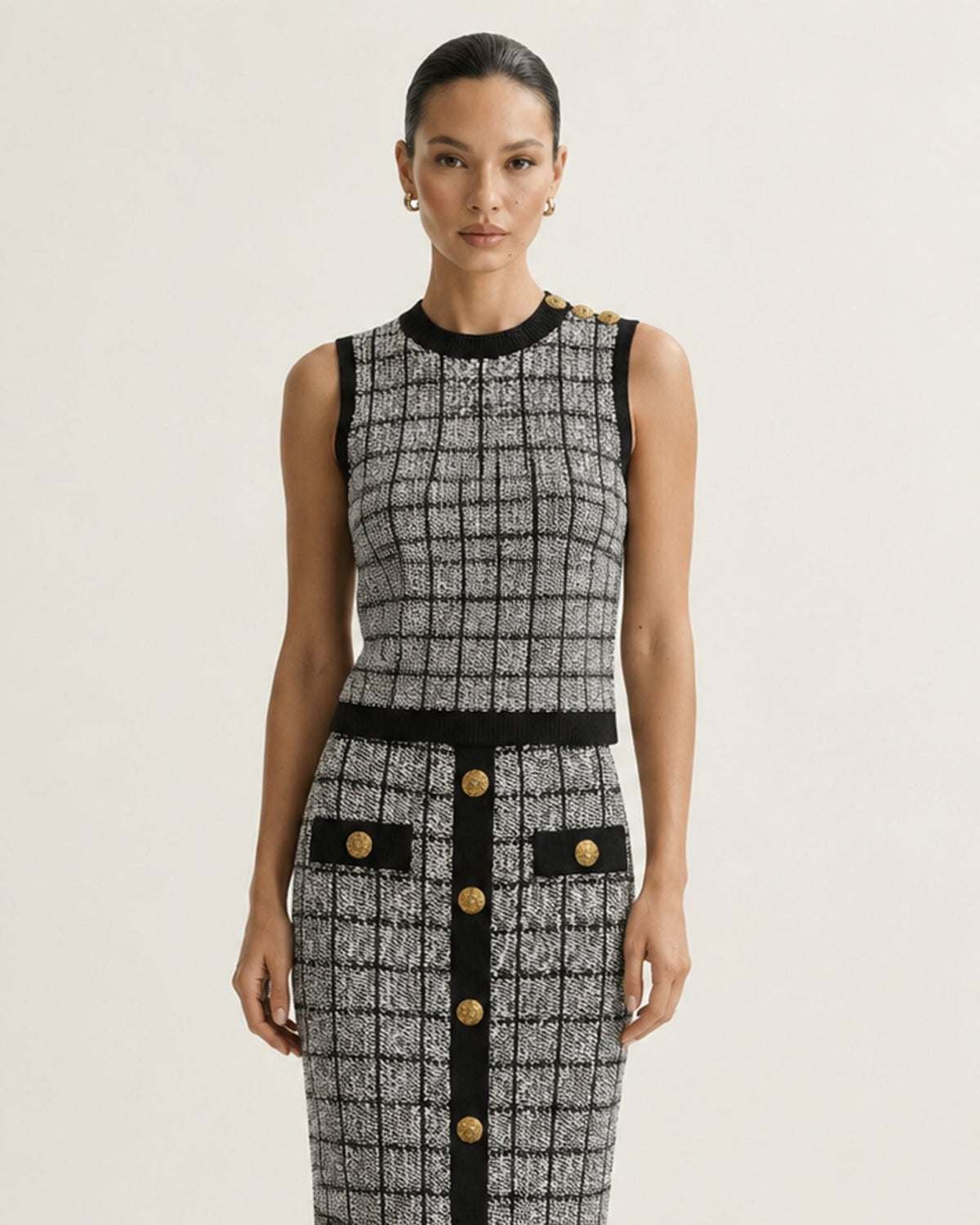 Rosy Three-Piece Plaid Knit Skirt Set with Long Sleeves – view 12