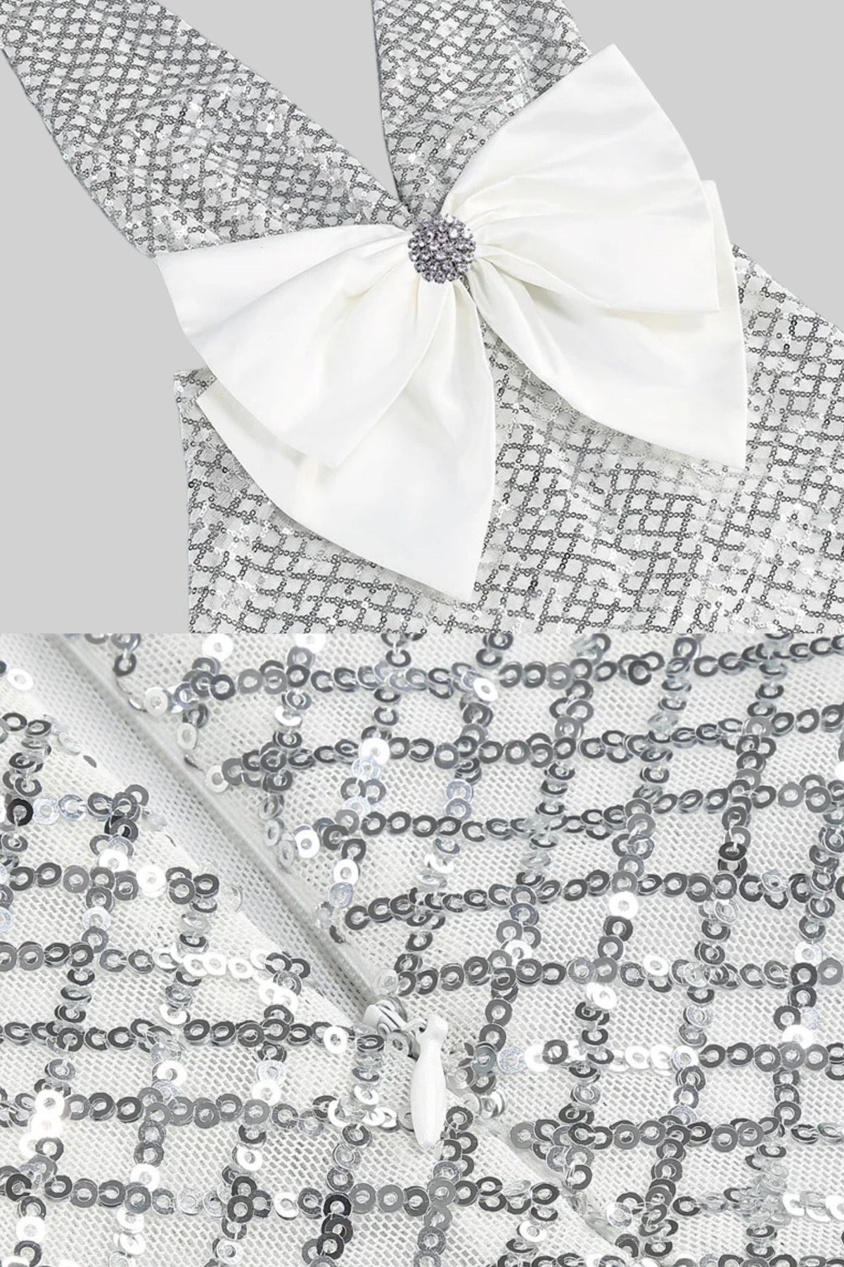 Sequin Plunge V-Neck Maxi Dress with Satin Bow Waist – Light Grey – view 9