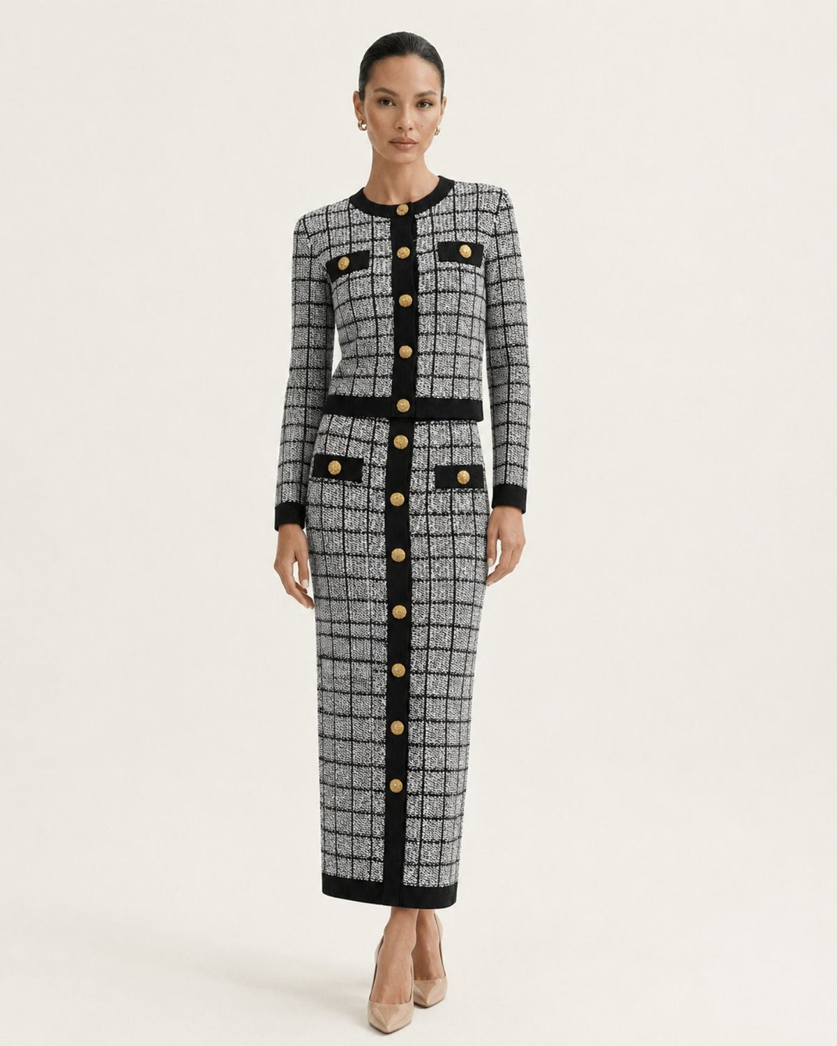 Rosy Three-Piece Plaid Knit Skirt Set with Long Sleeves – view 13