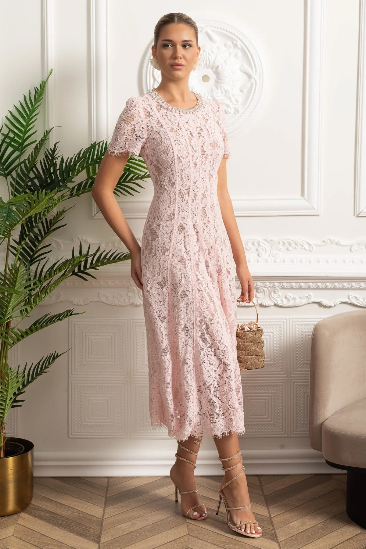 Lace A-Line Midi Dress with Crystal Embellished Crew Neck – Pink