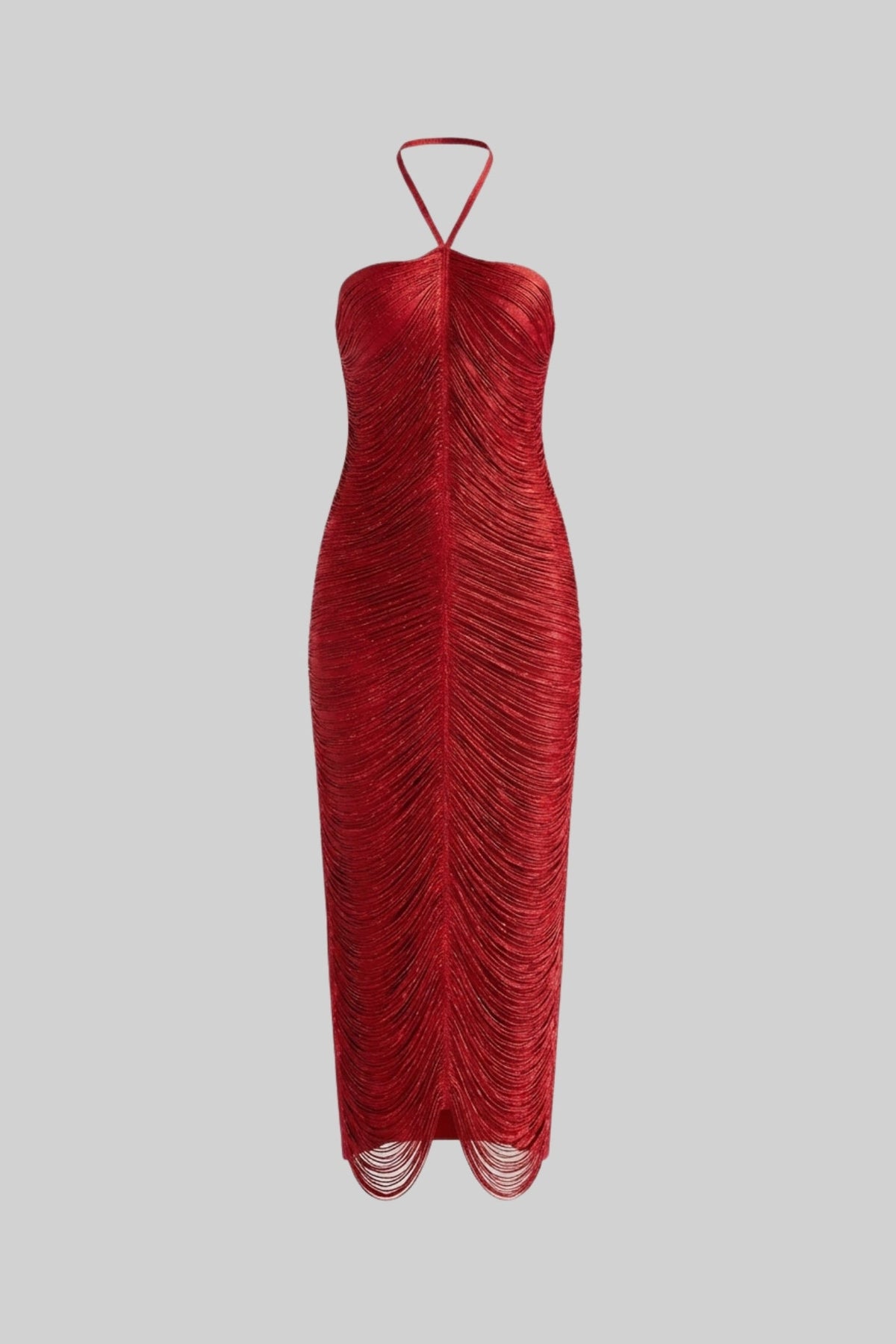 Pleated Halter Neck Body-Contouring Dress with Front Slit – Red – view 2