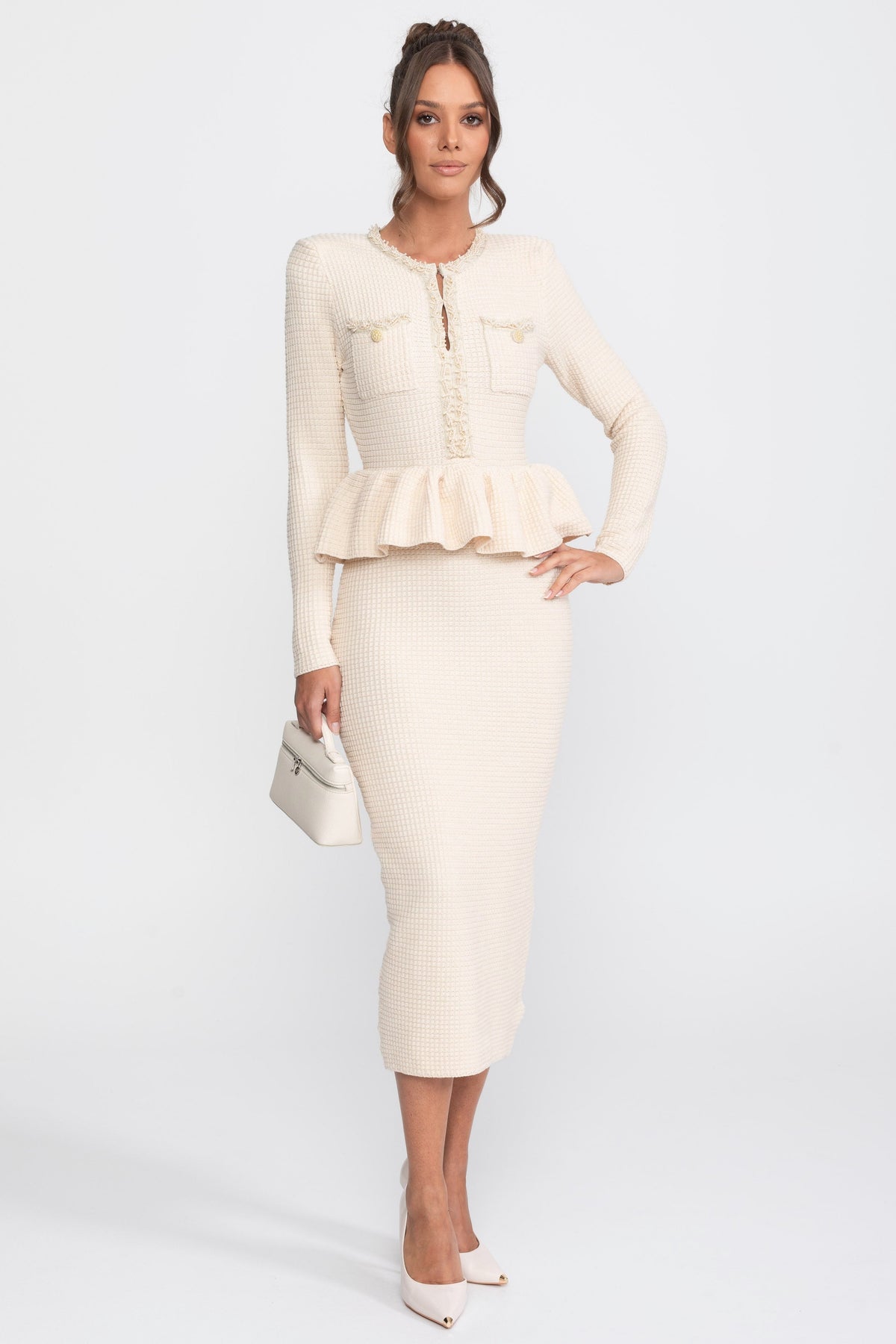 Fringe Trim Long Sleeve Knit Peplum Pencil Dress with Pockets – Beige – view 1