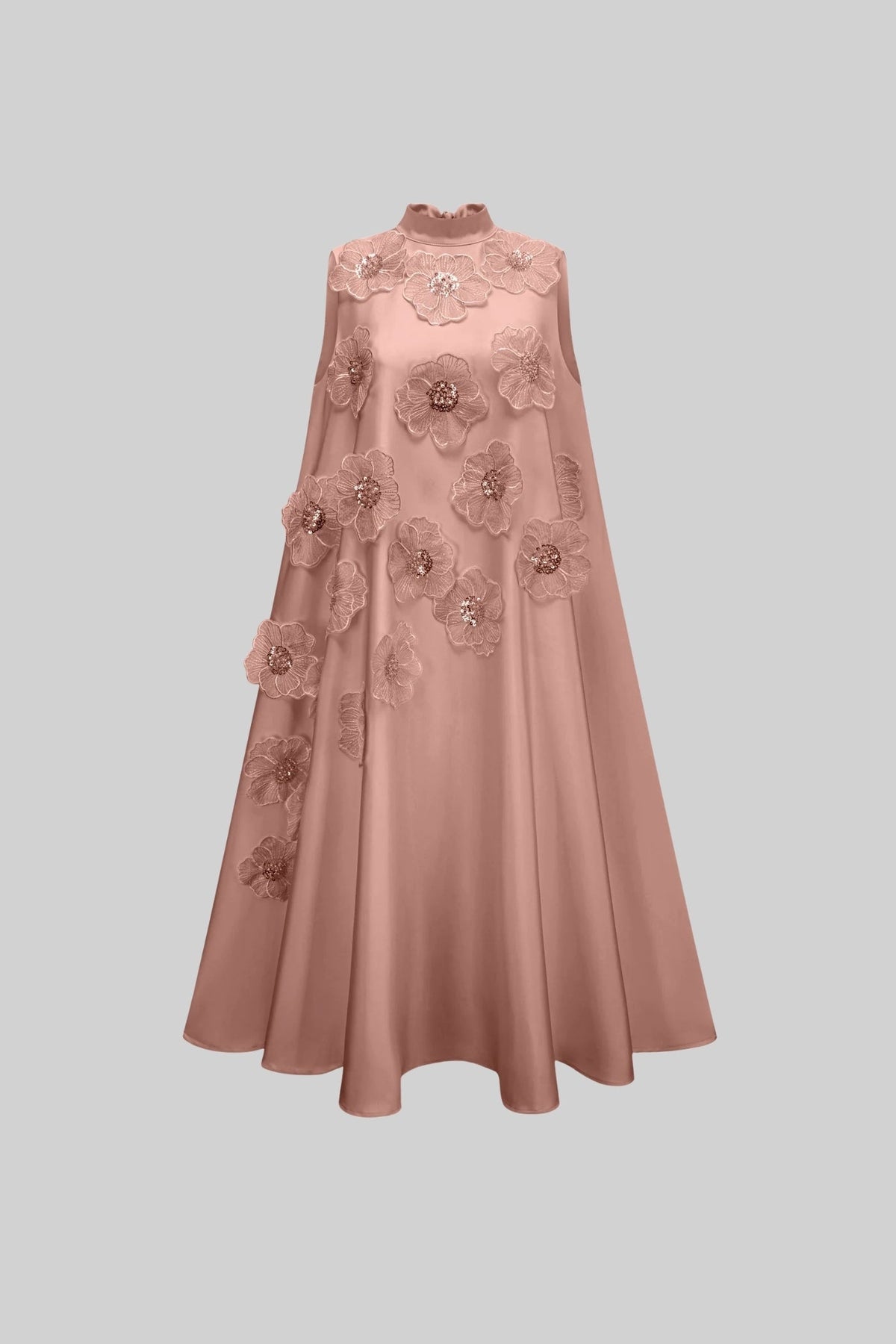 Sleeveless High Collar A-Line Dress with Floral Appliqués – Pink