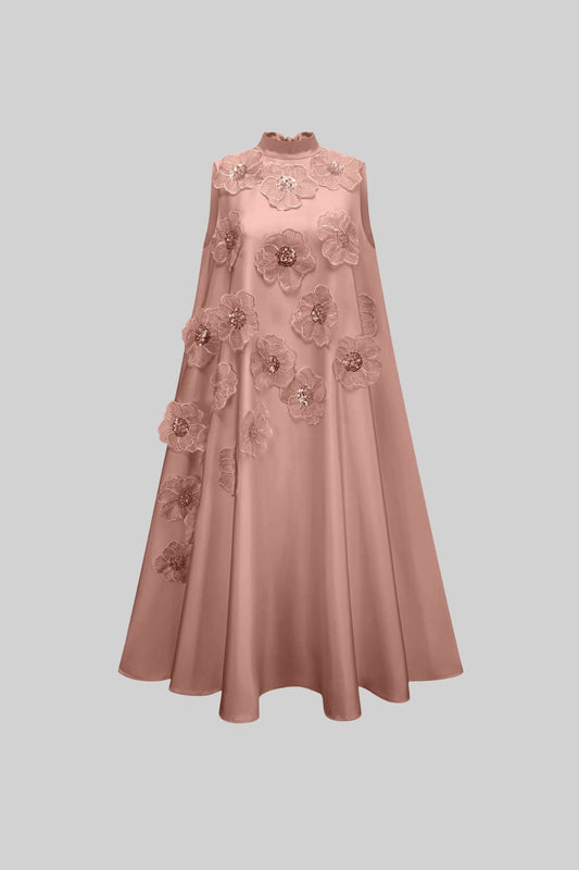 Sleeveless High Collar A-Line Dress with Floral Appliqués – Pink