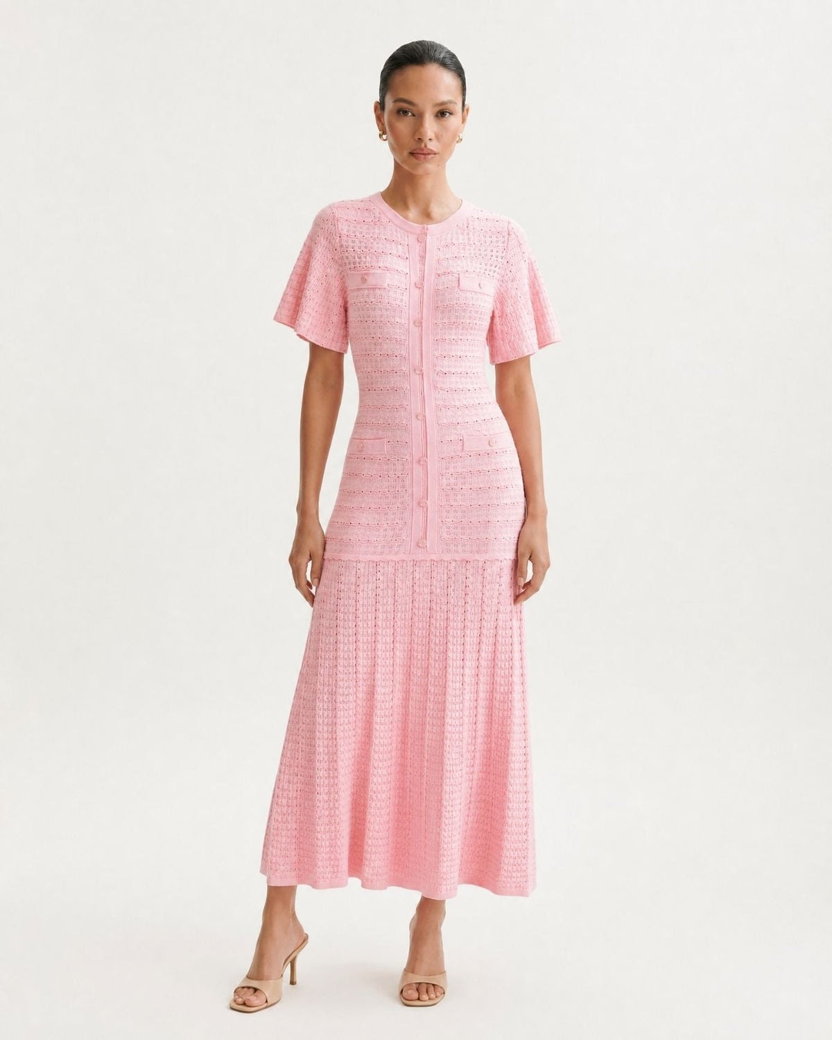 Anna Rhinestone Embellished Short Sleeve Round Neck Knit Midi Dress – view 31