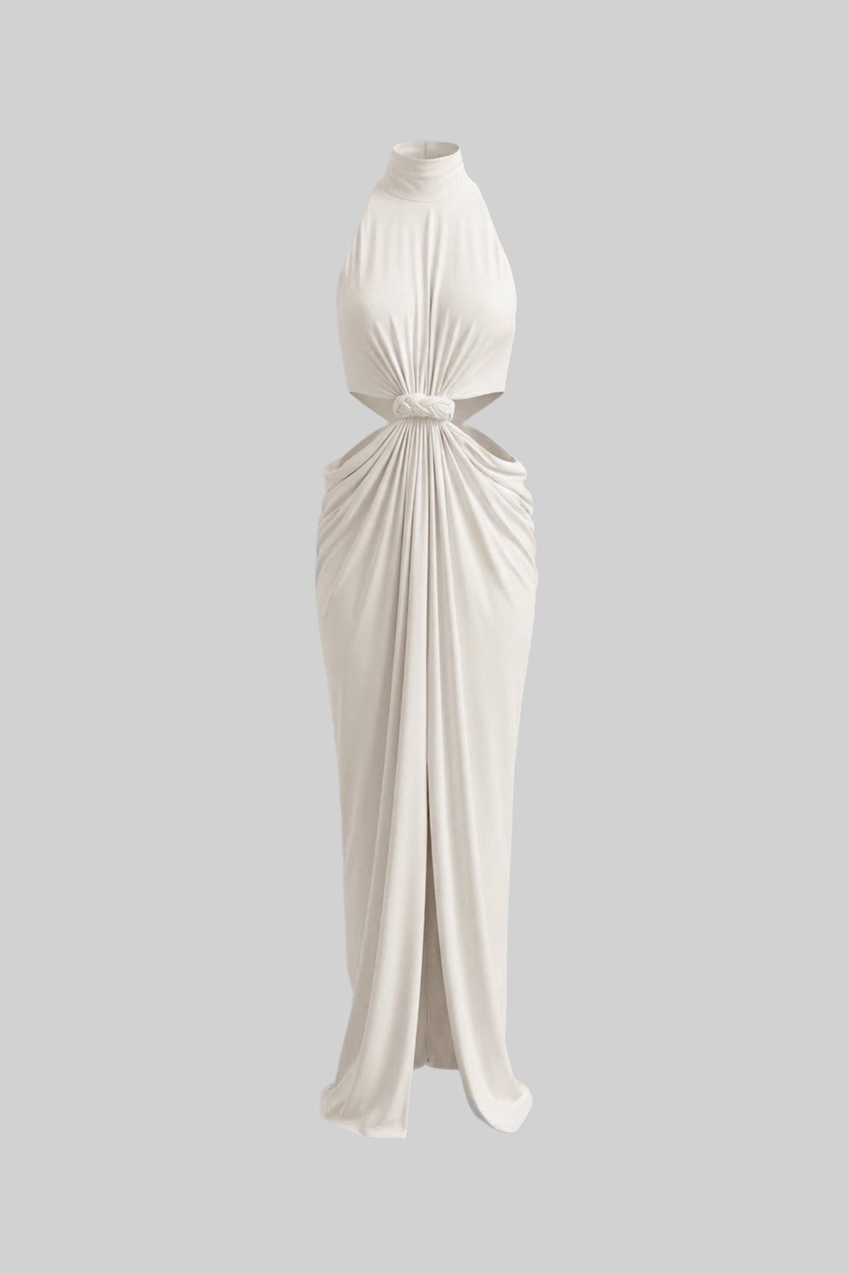 High Neck Halter Jersey Maxi Dress with Knotted Cut-Out Waist – Ivory – view 2