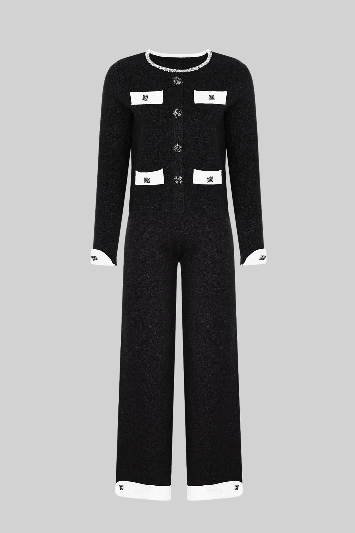 Cropped Knit Cardigan and Wide Leg Trousers Set with Contrast Trim – Black