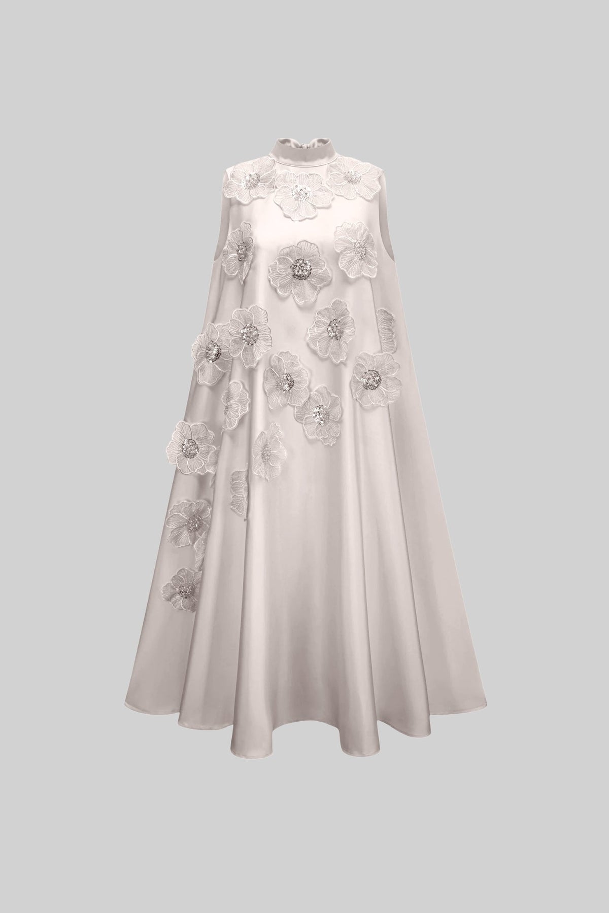 Sleeveless High Collar A-Line Dress with Floral Appliqués – White – view 2