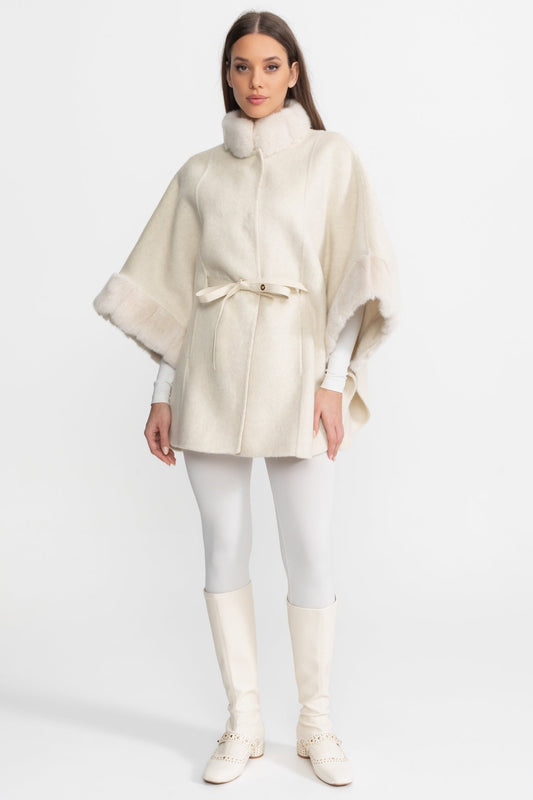 Wool Blend Cape Coat with Collar Trim and Tie Belt – Ivoire – view 2