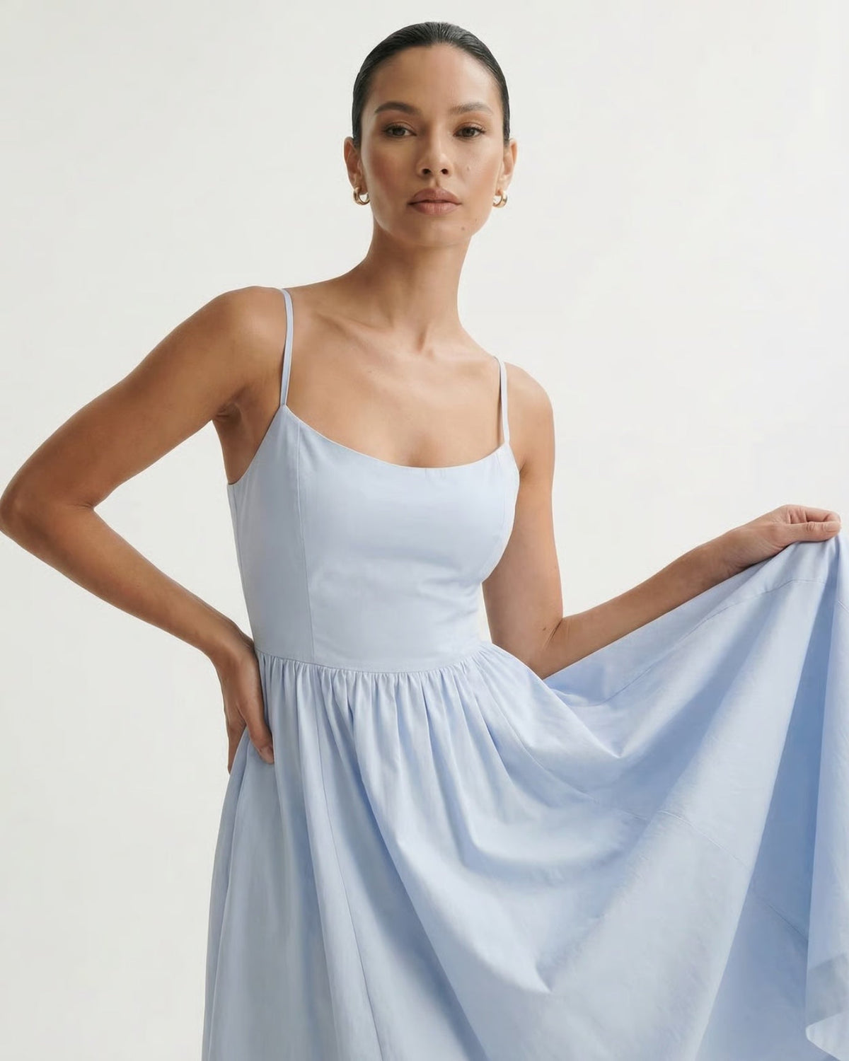 Mira Border Detail Cotton Blend Dress with Back Zip – Light Blue – view 4