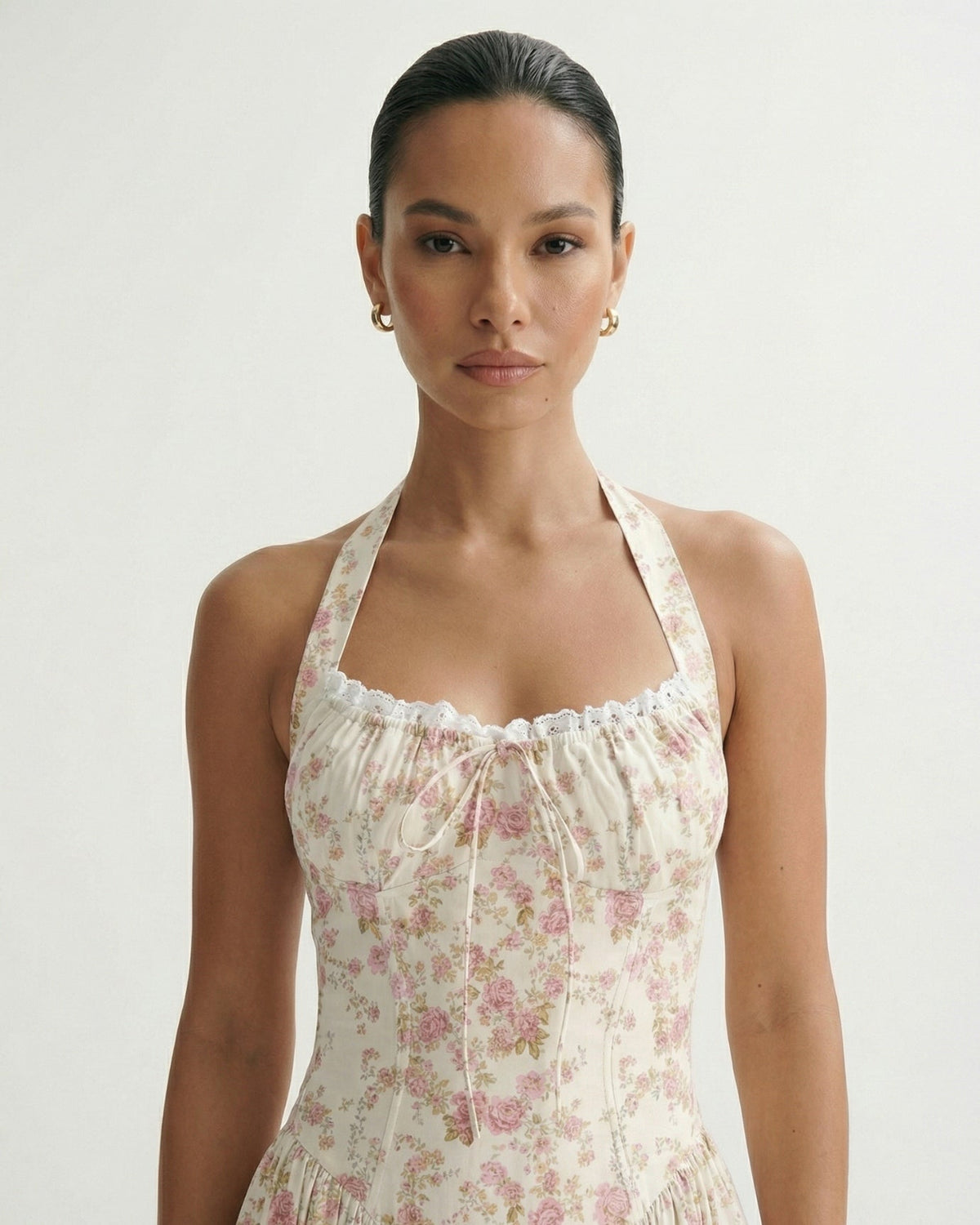 Santorini Halter Neck Contoured Stretch Dress – Small Red Flowers on White – view 3